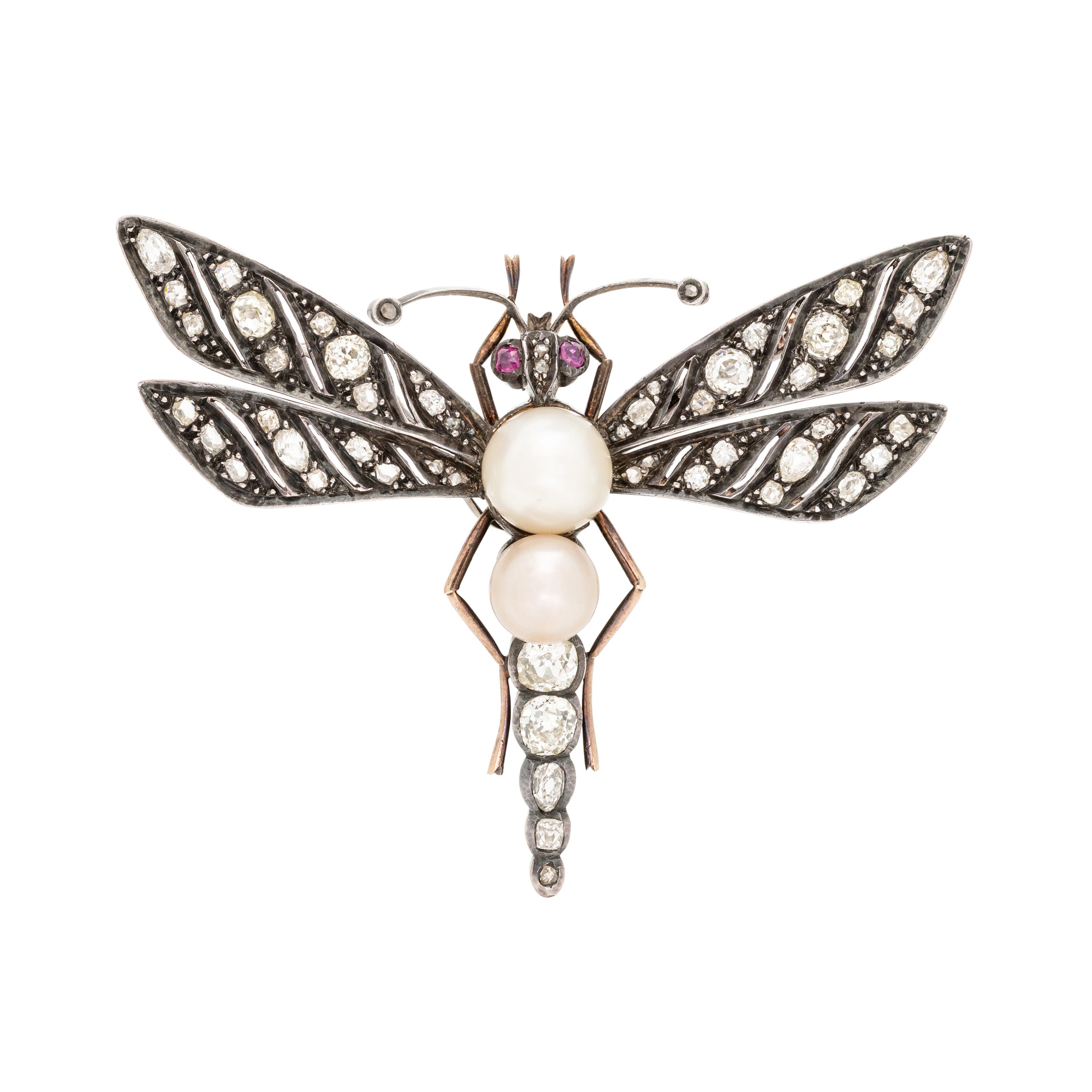 FRENCH, ANTIQUE, SILVER-TOPPED GOLD, NATURAL PEARL, DIAMOND AND RUBY DRAGONFLY BROOCH