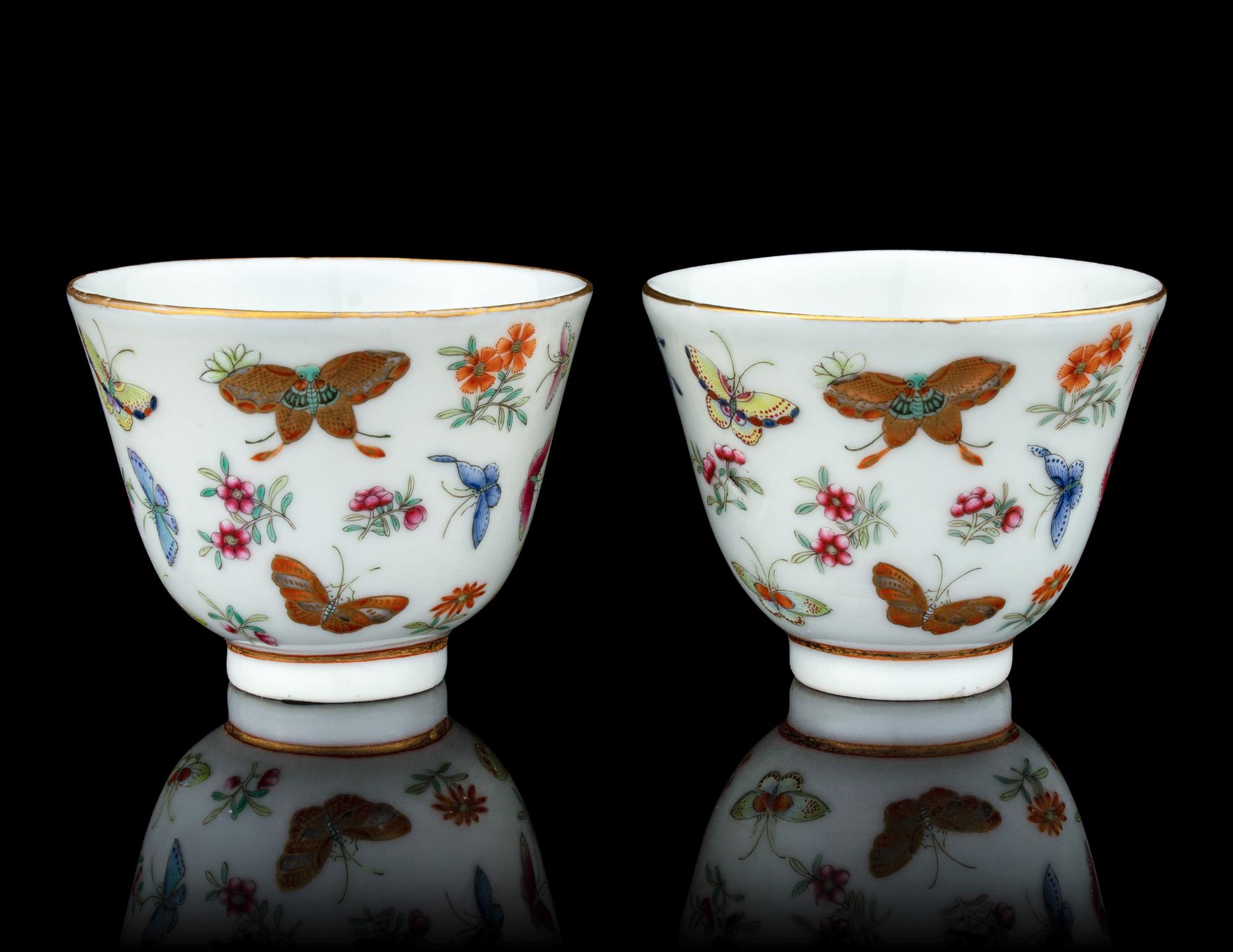A Pair of Famille Rose Porcelain 'Butterfly' Cups