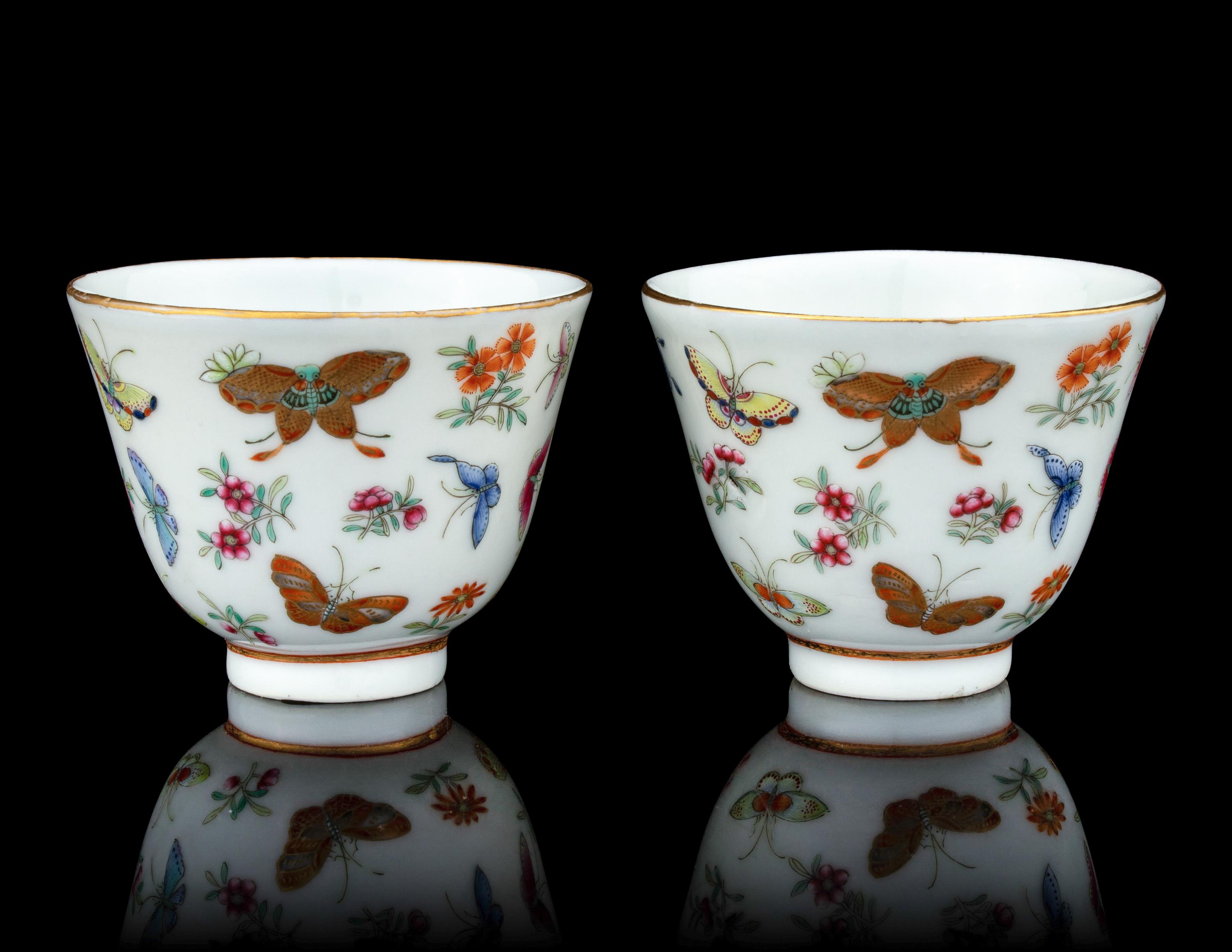 A Pair of Famille Rose Porcelain 'Butterfly' Cups