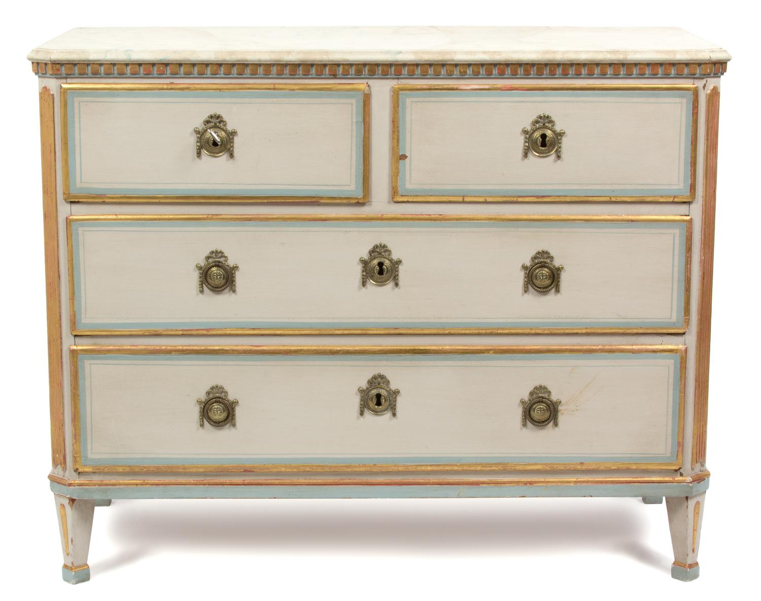 A French Painted Wood Chest of Drawers Height 34 x width 41 1/2 x depth 18 1/2 inches. — 20TH CENTURY