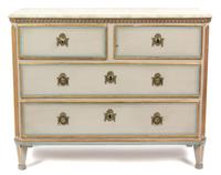 A French Painted Wood Chest of Drawers Height 34 x width 41 1/2 x depth 18 1/2 inches. — 20TH CENTURY
