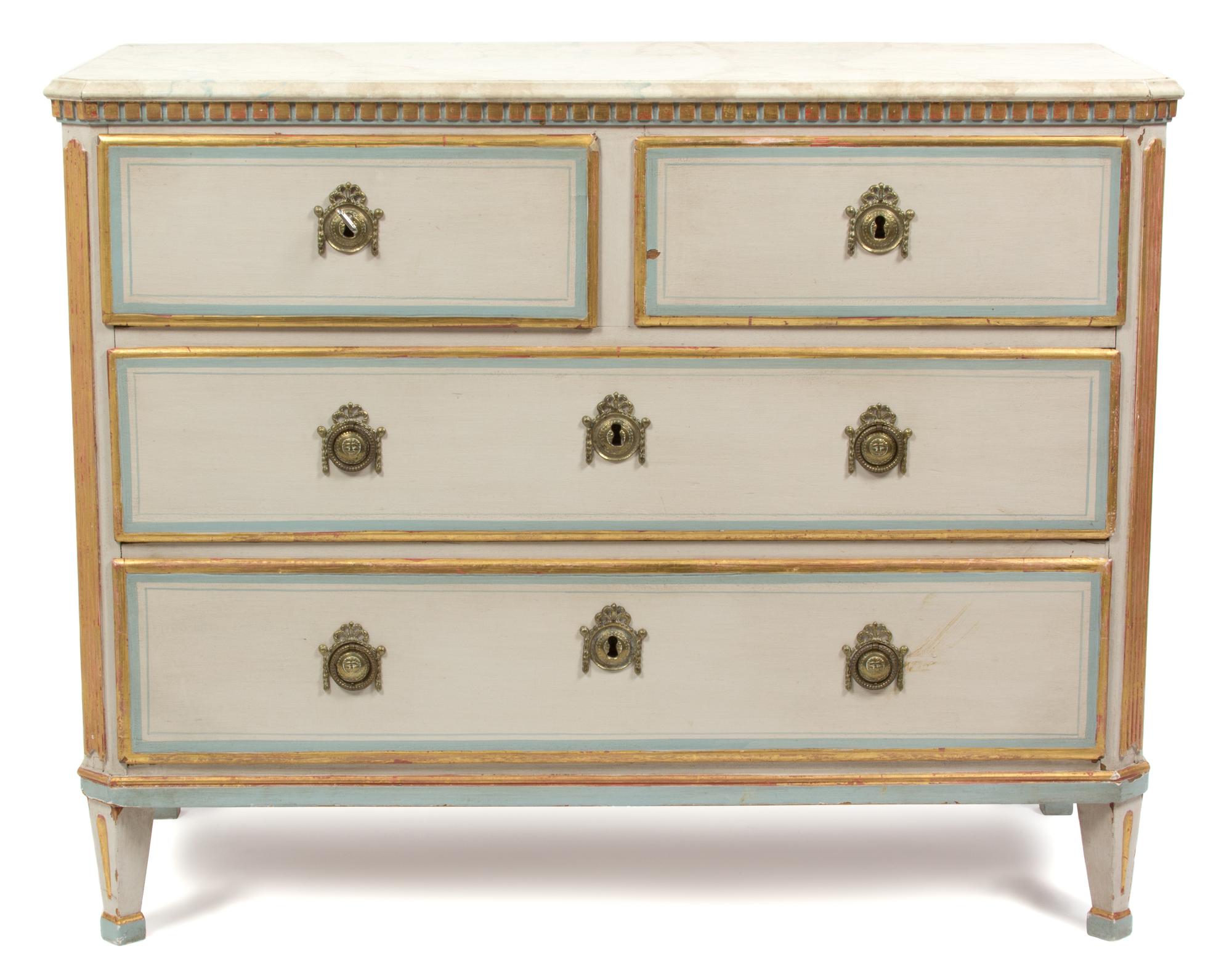 A French Painted Wood Chest of Drawers Height 34 x width 41 1/2 x depth 18 1/2 inches. — 20TH CENTURY