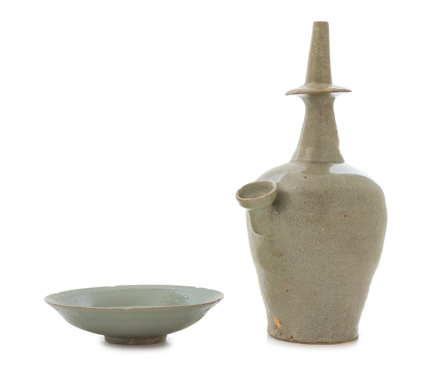 Two Celadon Glazed Stoneware Articles Height of first 12 1/4 inches.