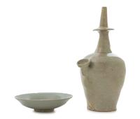 Two Celadon Glazed Stoneware Articles Height of first 12 1/4 inches.
