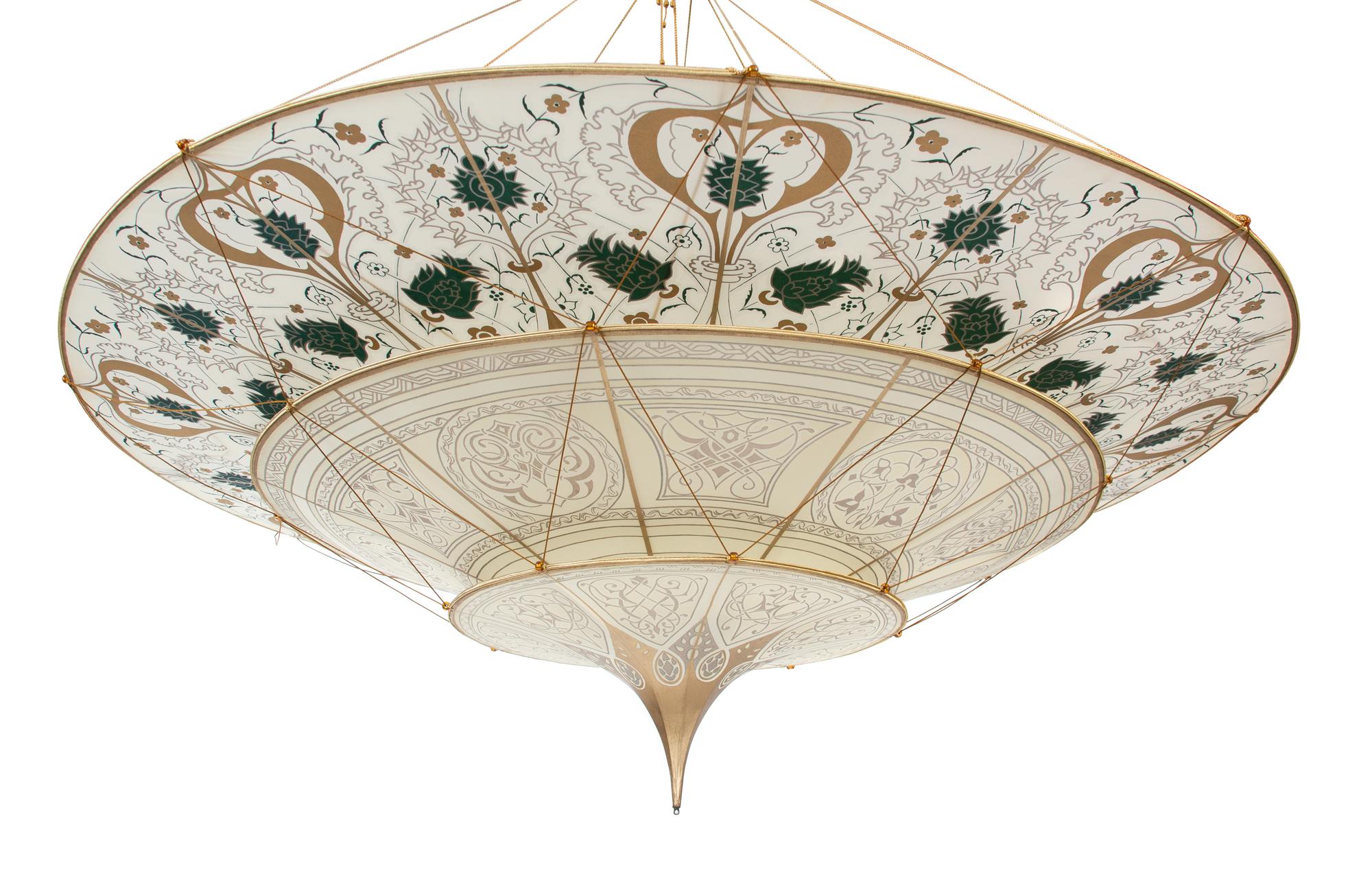 A Fortuny Silk Scheherazade Three-Tier Chandelier Height 18 x diameter 49 1/2 inches. — 20TH CENTURY
