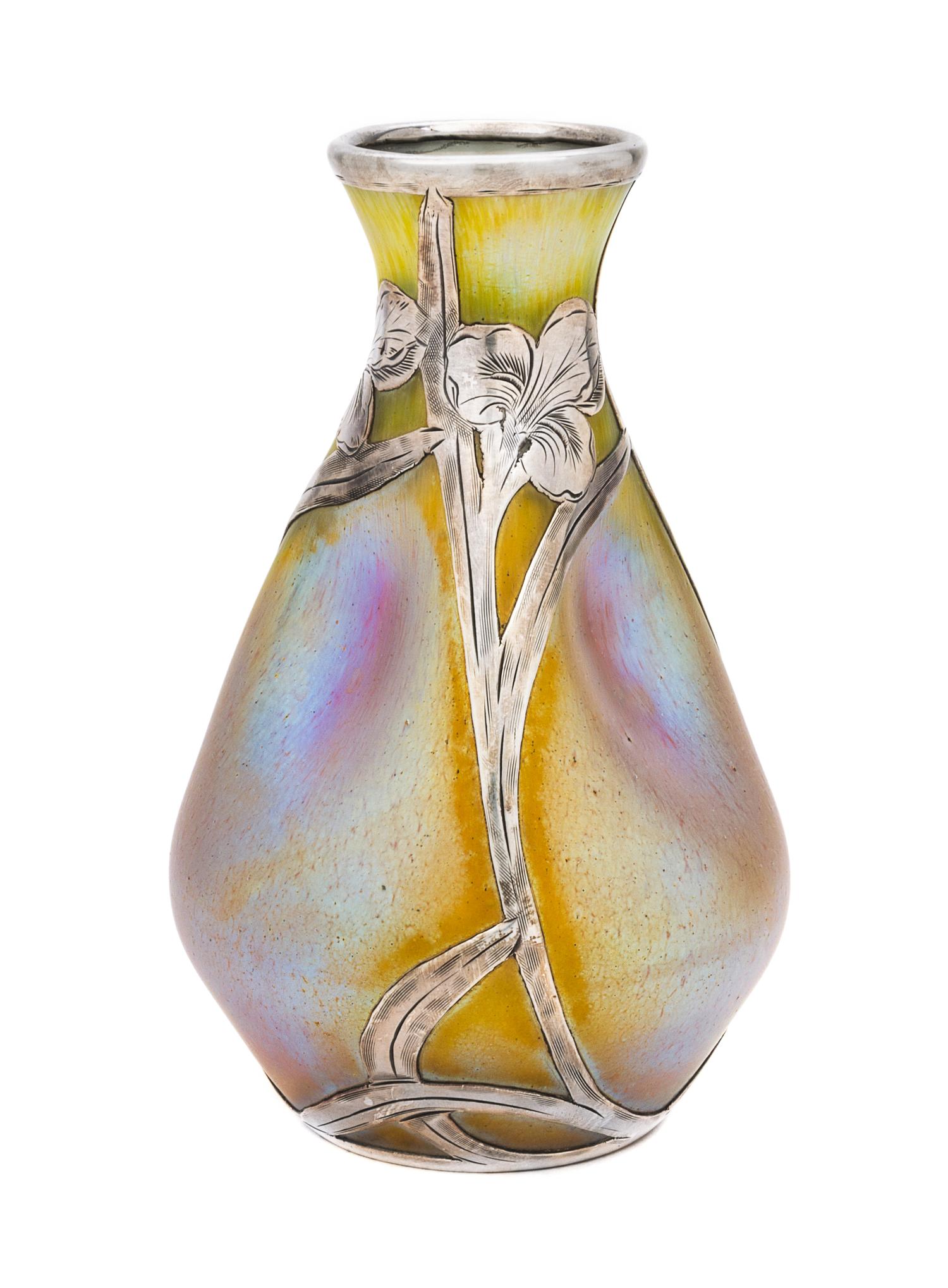 A Loetz Silver Overlay Glass Vase Height 5 1/2 inches.