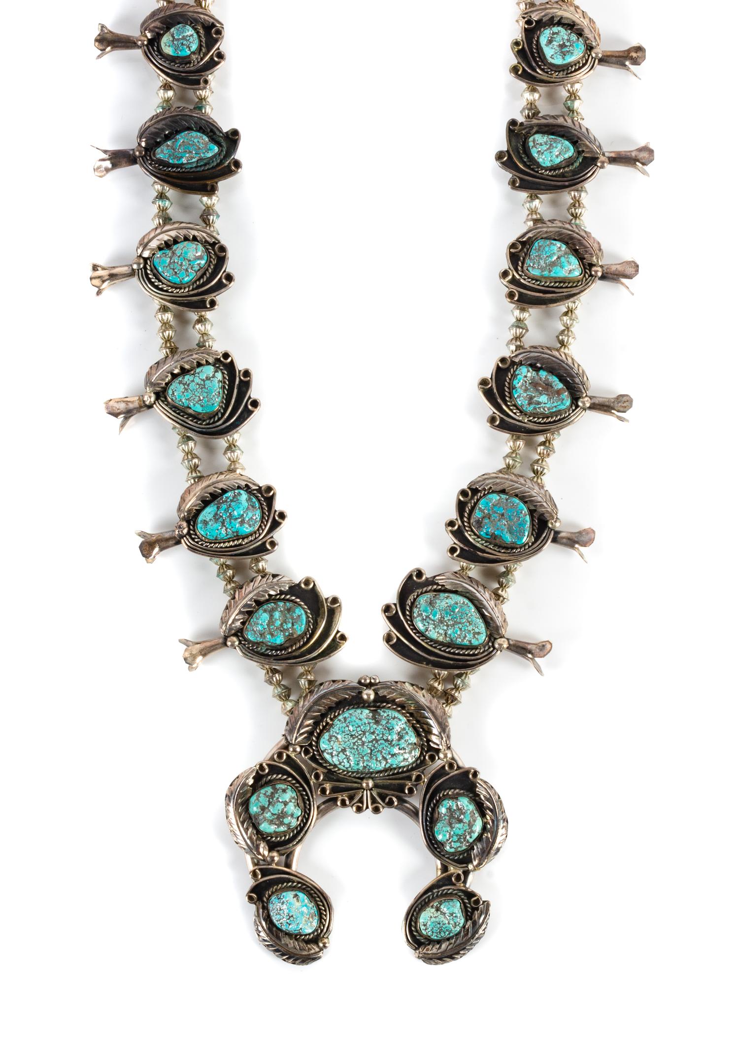 Large Southwestern Silver and Nugget Turquoise Squash Blossom Necklace Length 29 inches, naja 4 x 4 1/4 inches