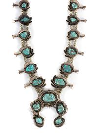 Large Southwestern Silver and Nugget Turquoise Squash Blossom Necklace Length 29 inches, naja 4 x 4 1/4 inches
