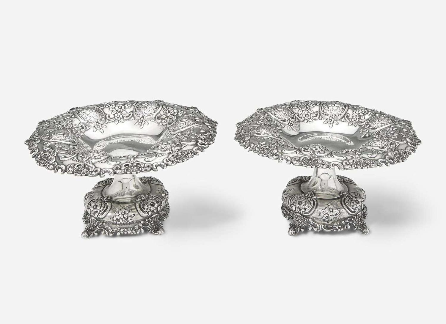 A pair of sterling silver repoussé tazzas, Tiffany & Co., New York, NY, 20th century