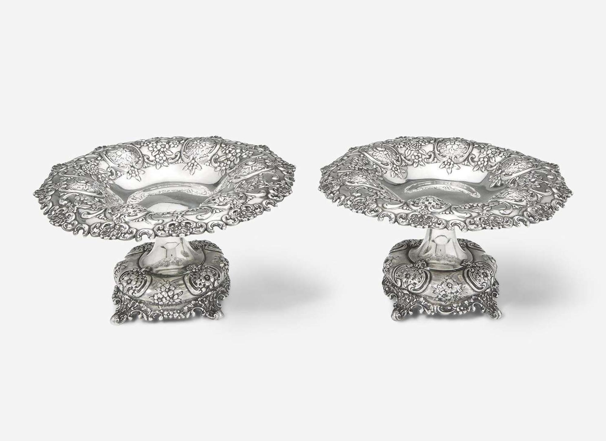 A pair of sterling silver repoussé tazzas, Tiffany & Co., New York, NY, 20th century