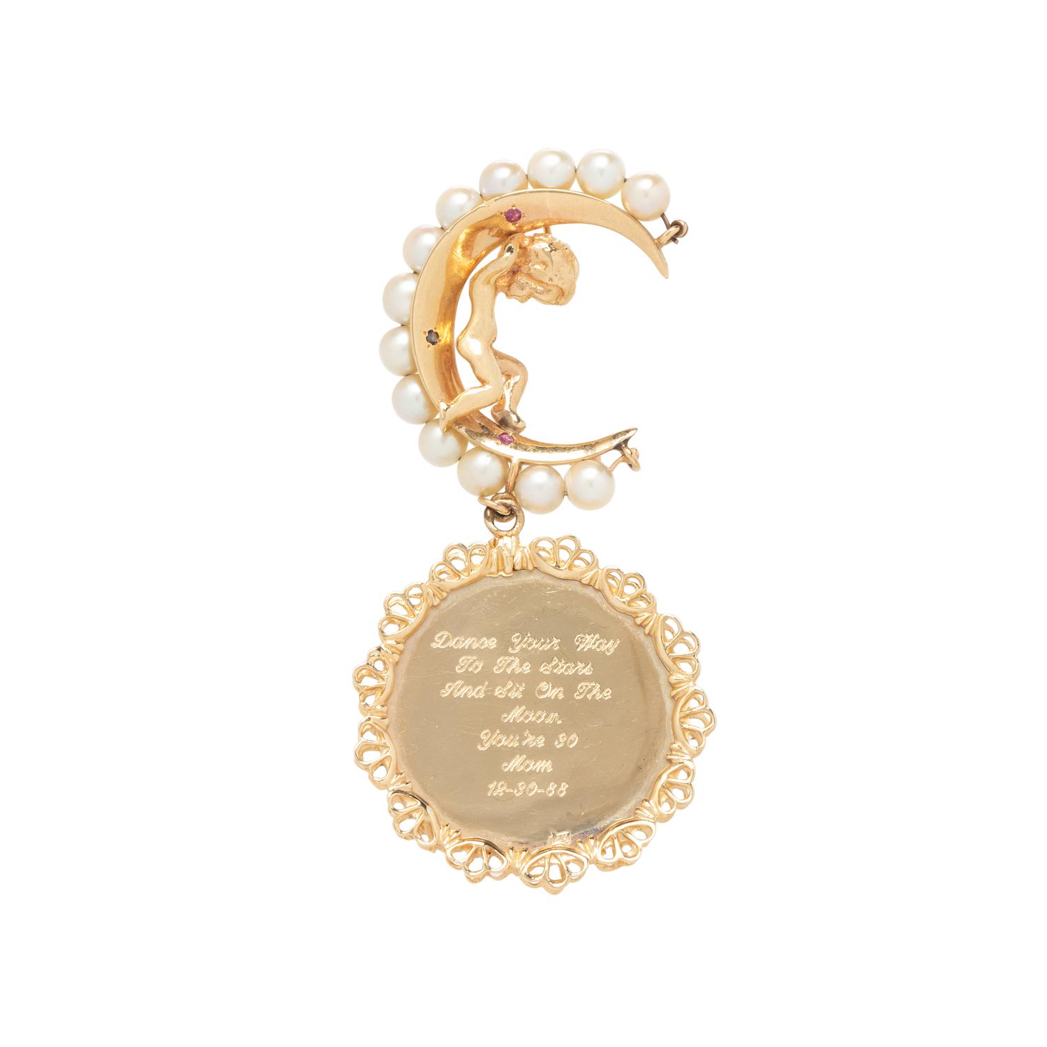 YELLOW GOLD, CULTURED PEARL, GEMSTONE BROOCH