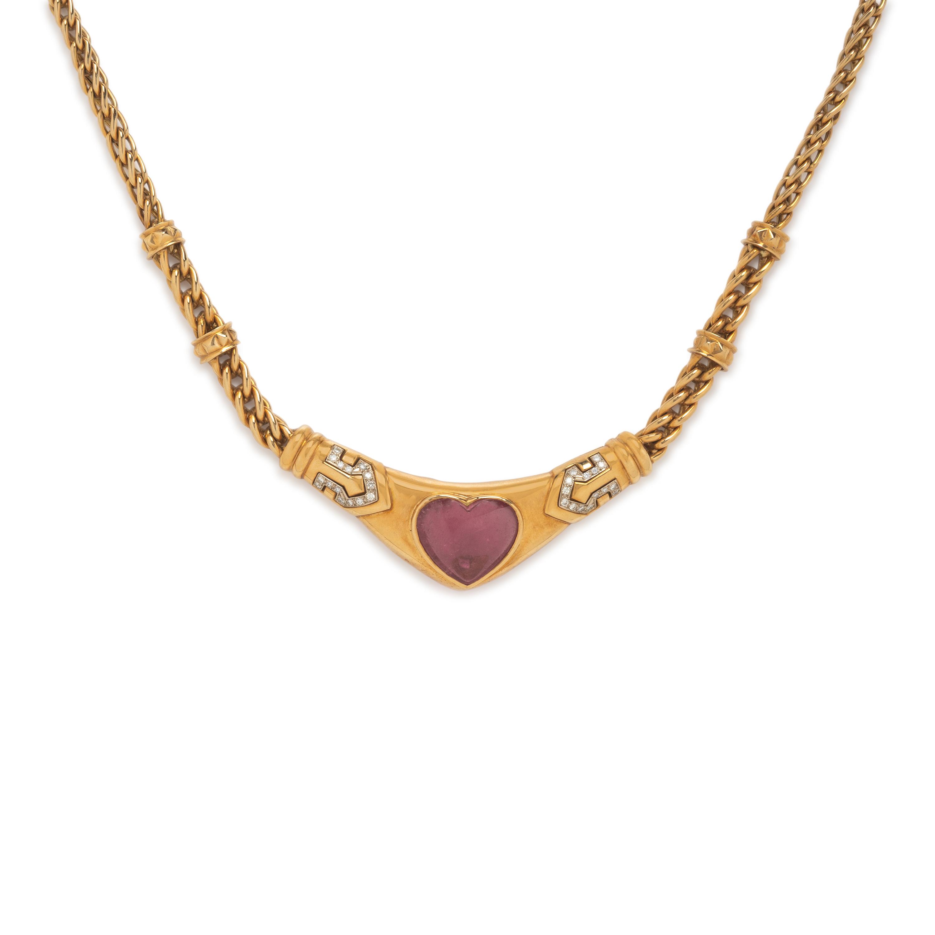 Yellow Gold, Pink Tourmaline, and Diamond Heart Necklace