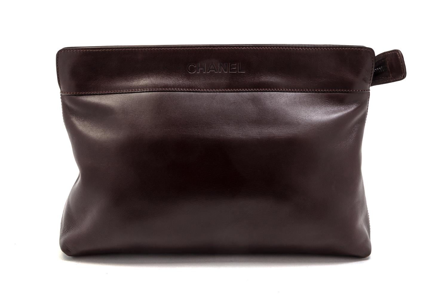 A Chanel Brown Leather Large Clutch, 12 x 8 x 3 inches.