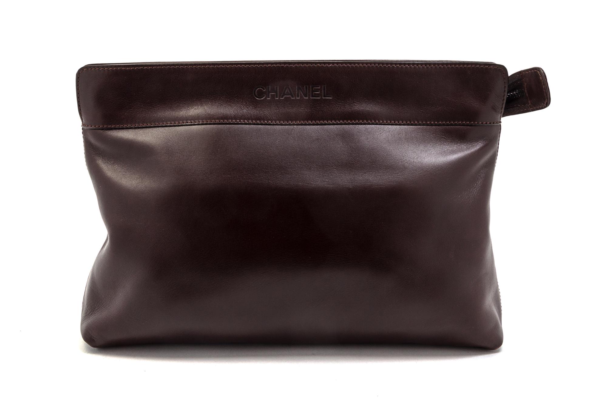 A Chanel Brown Leather Large Clutch, 12 x 8 x 3 inches.