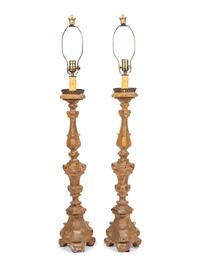 A Pair of Italian Giltwood Prickets Mounted as Lamps