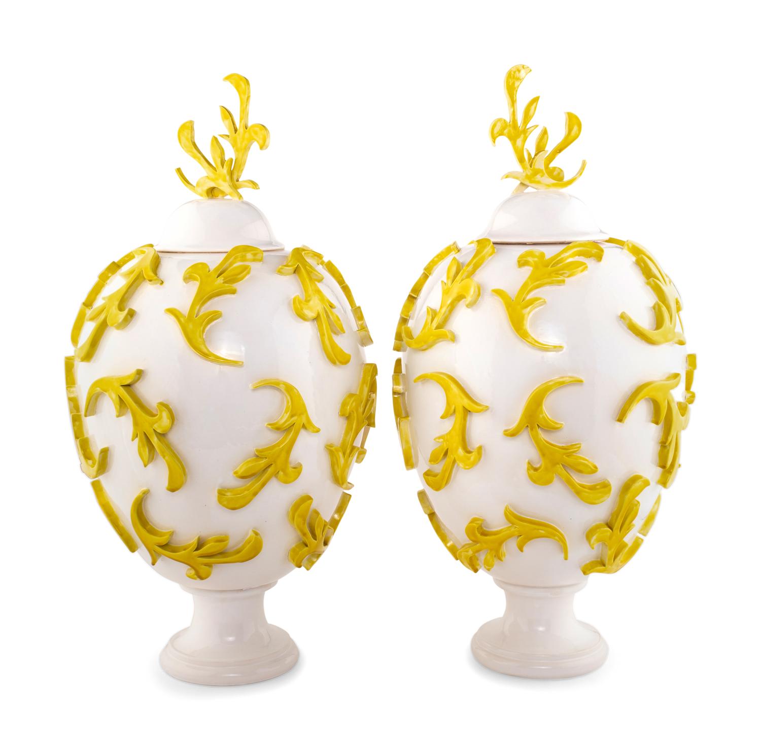 A Pair of White and Yellow Glazed Ceramic Urns by Jean-Jacques Roger