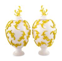 A Pair of White and Yellow Glazed Ceramic Urns by Jean-Jacques Roger