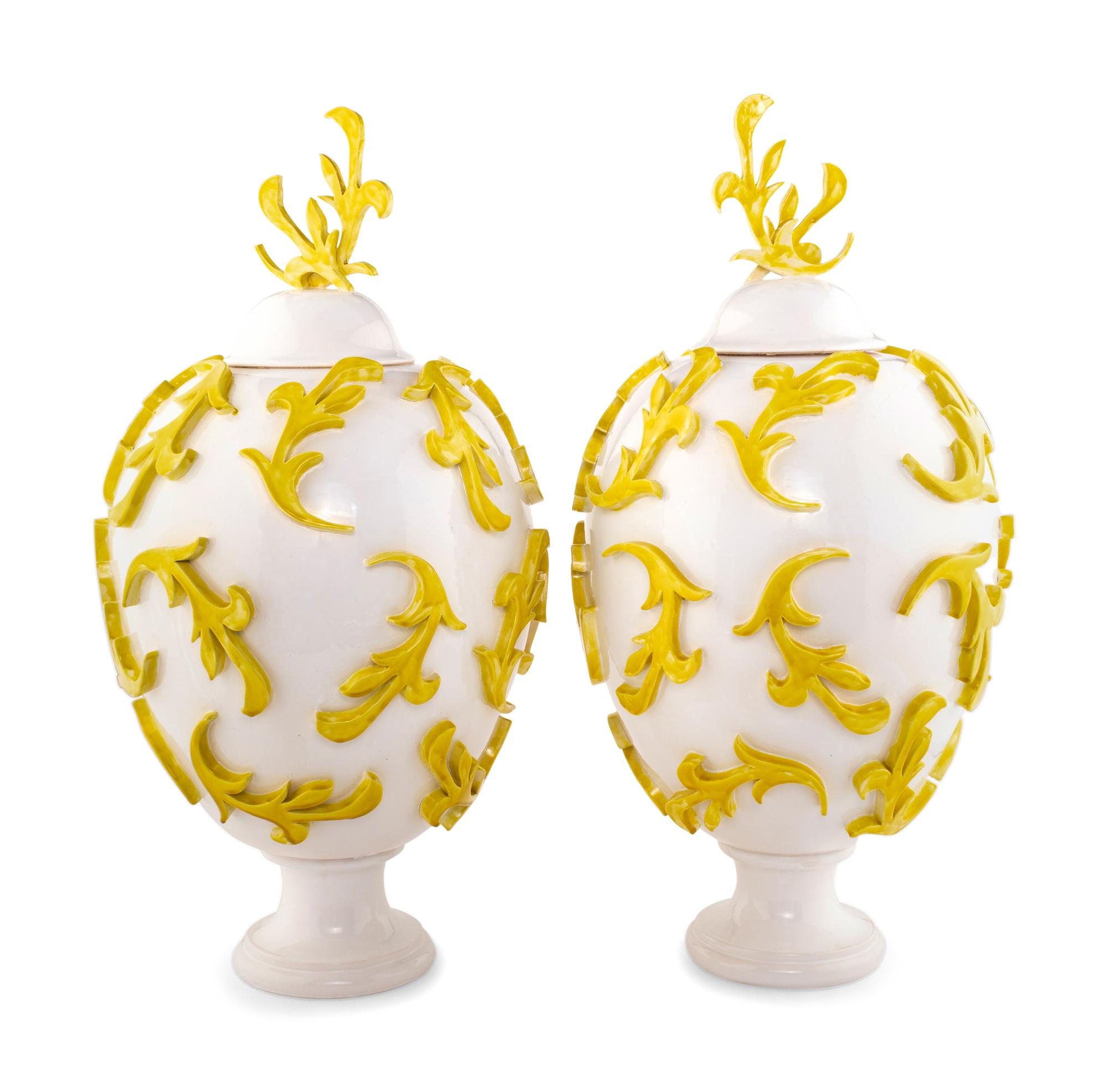 A Pair of White and Yellow Glazed Ceramic Urns by Jean-Jacques Roger