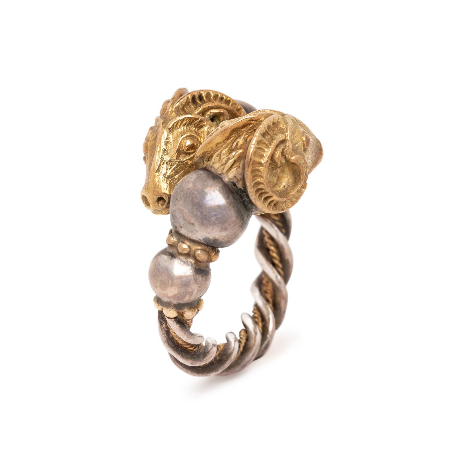 ZOLOTAS, SILVER AND YELLOW GOLD RAM'S HEAD RING