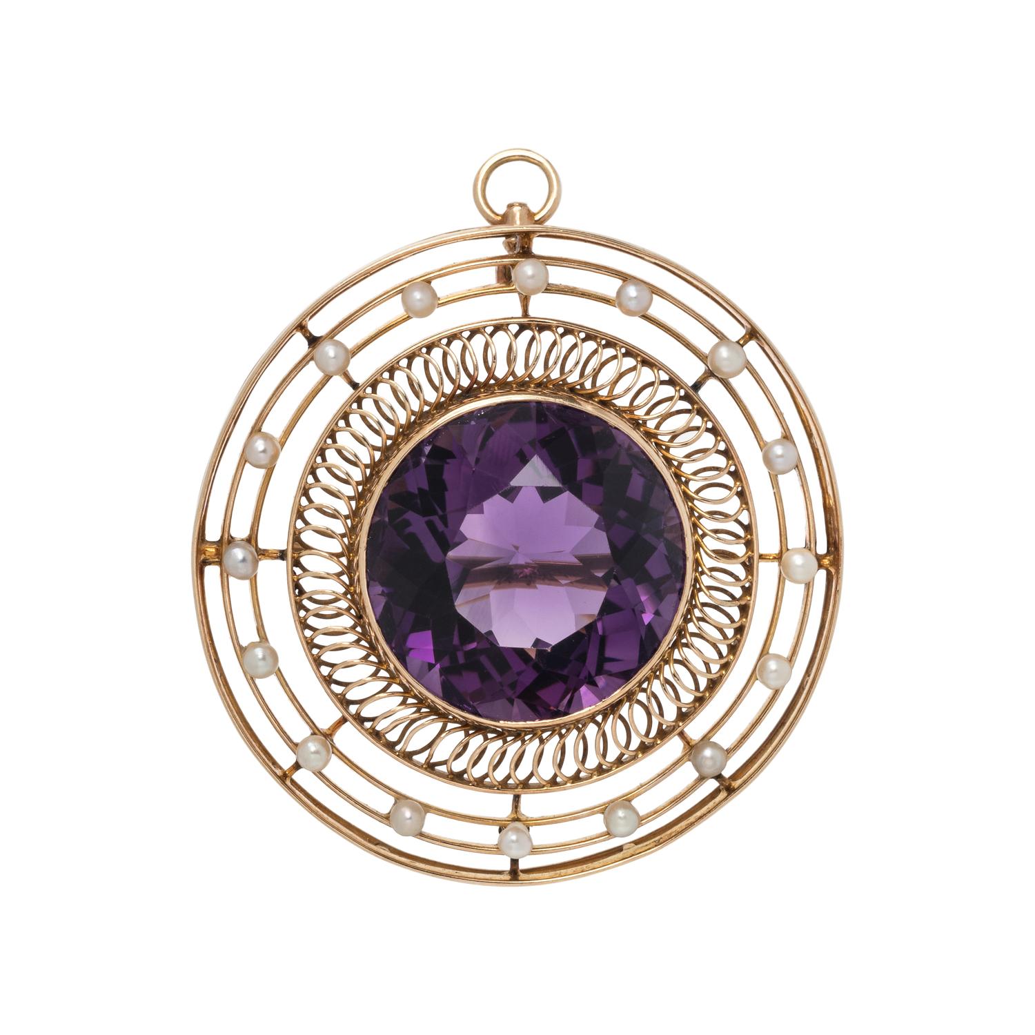 ANTIQUE, YELLOW GOLD, AMETHYST AND SEED PEARL PENDANT/BROOCH