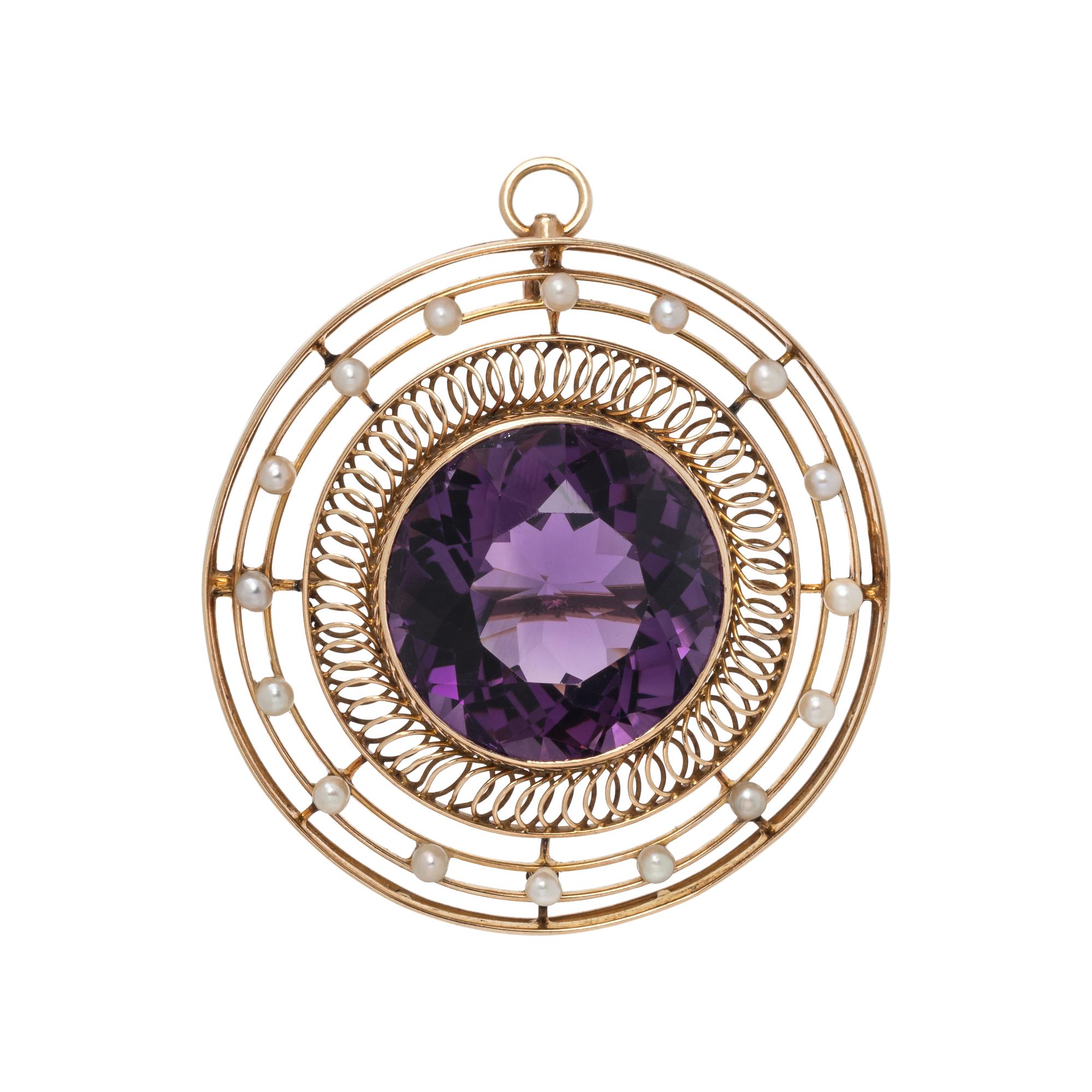 ANTIQUE, YELLOW GOLD, AMETHYST AND SEED PEARL PENDANT/BROOCH