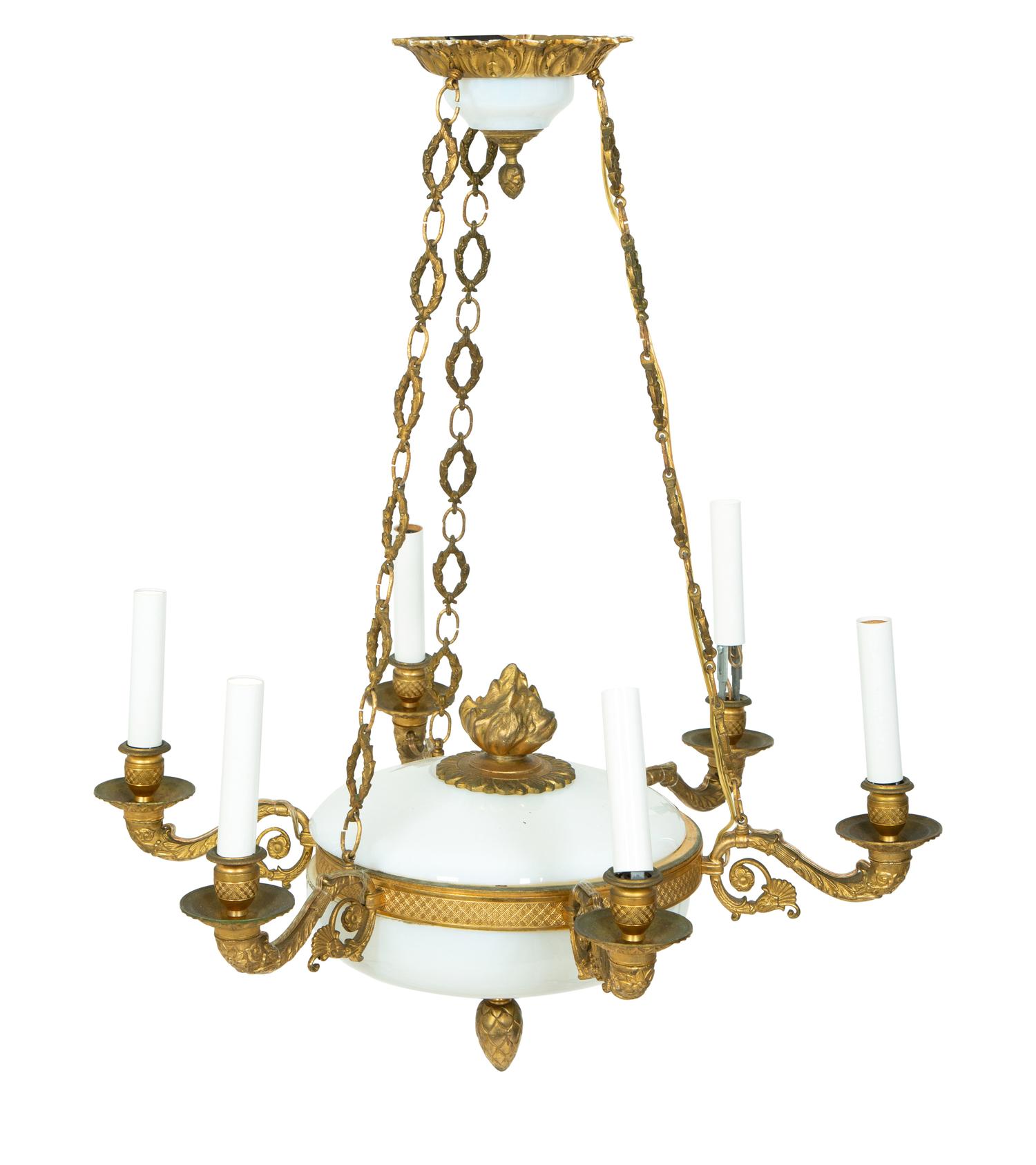 A French Empire Style Gilt Bronze and Opaline Glass Six-Light Chandelier — 19TH CENTURY