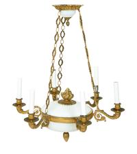 A French Empire Style Gilt Bronze and Opaline Glass Six-Light Chandelier — 19TH CENTURY