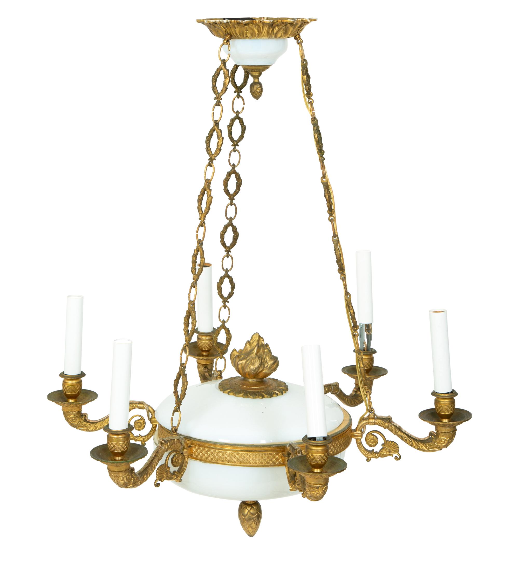 A French Empire Style Gilt Bronze and Opaline Glass Six-Light Chandelier — 19TH CENTURY