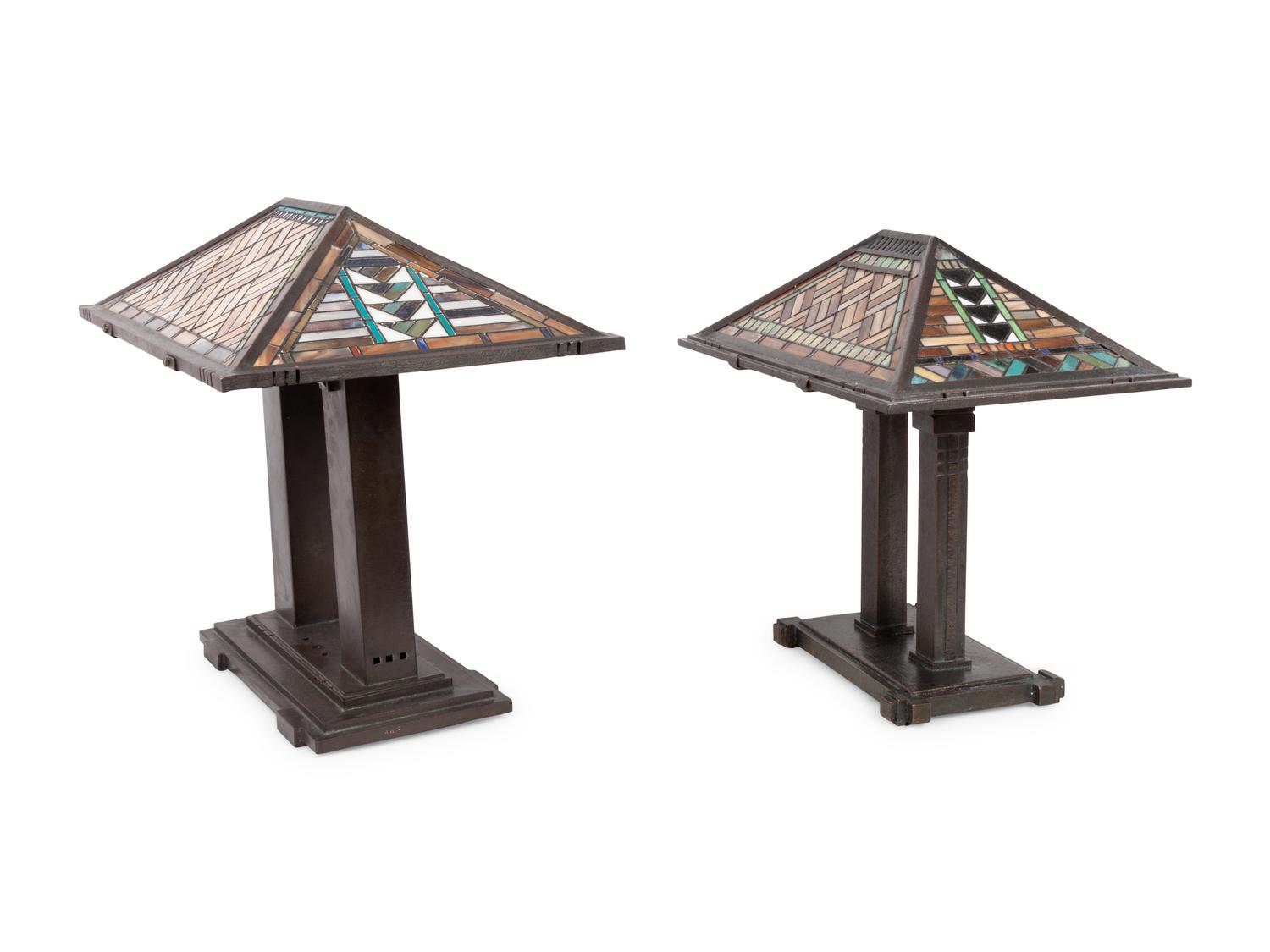 A Pair of Karl Berry Slag Glass Lamps Manner of Frank Lloyd Wright
