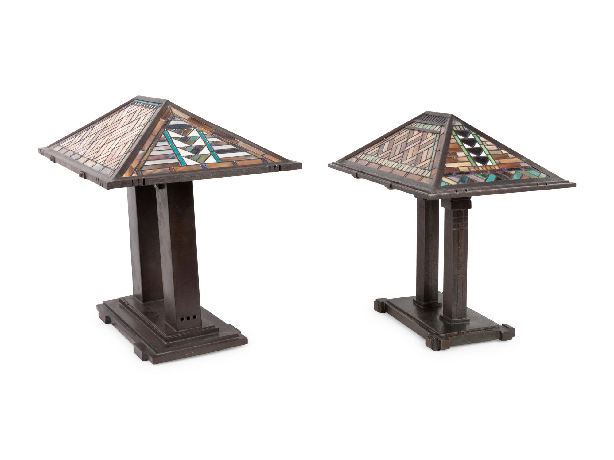 A Pair of Karl Berry Slag Glass Lamps Manner of Frank Lloyd Wright
