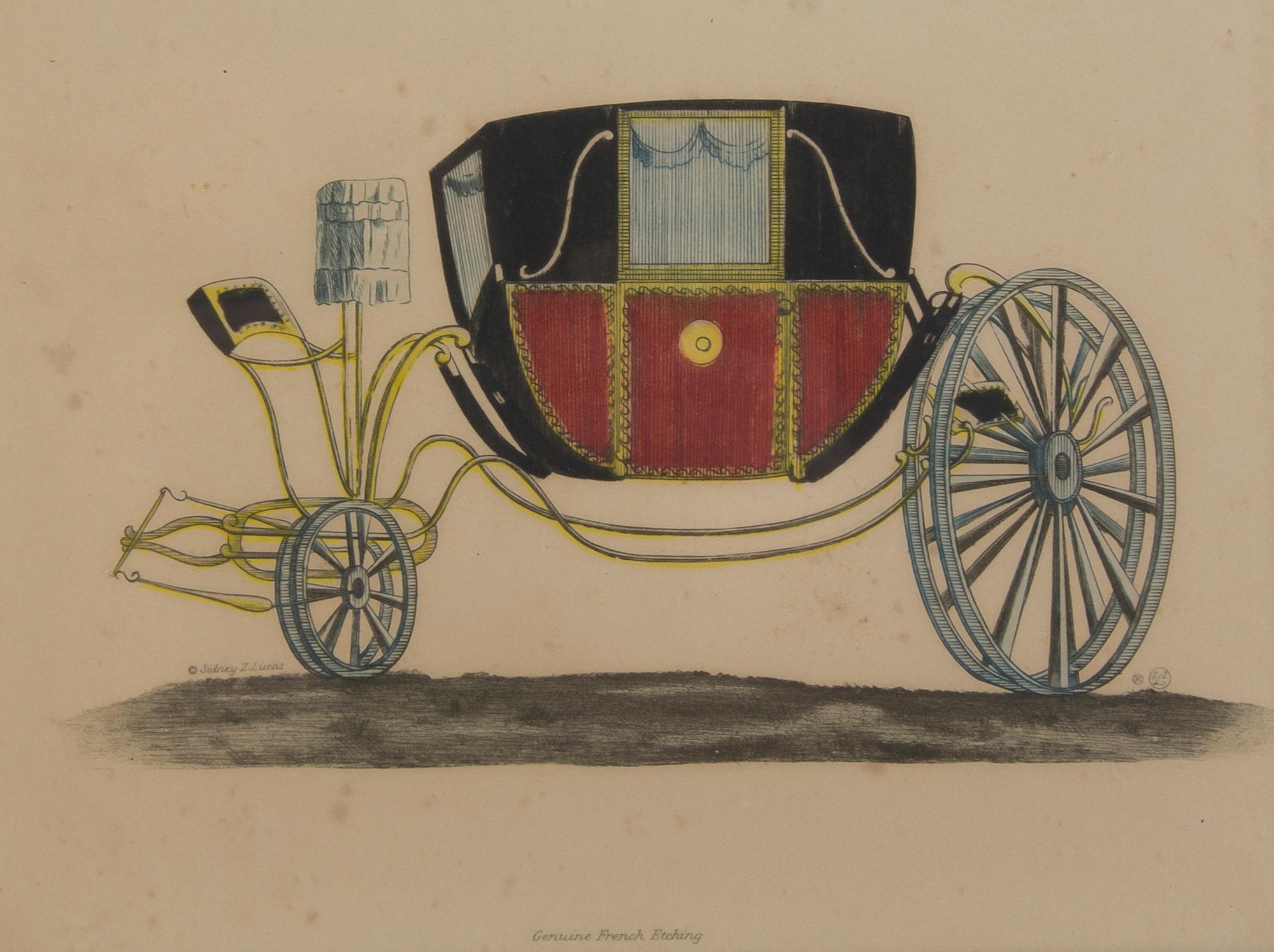 Nine French Handcolored Engravings, Sidney Z. Lucas, Height 5 3/4 x width 7 7/8 inches (visible).