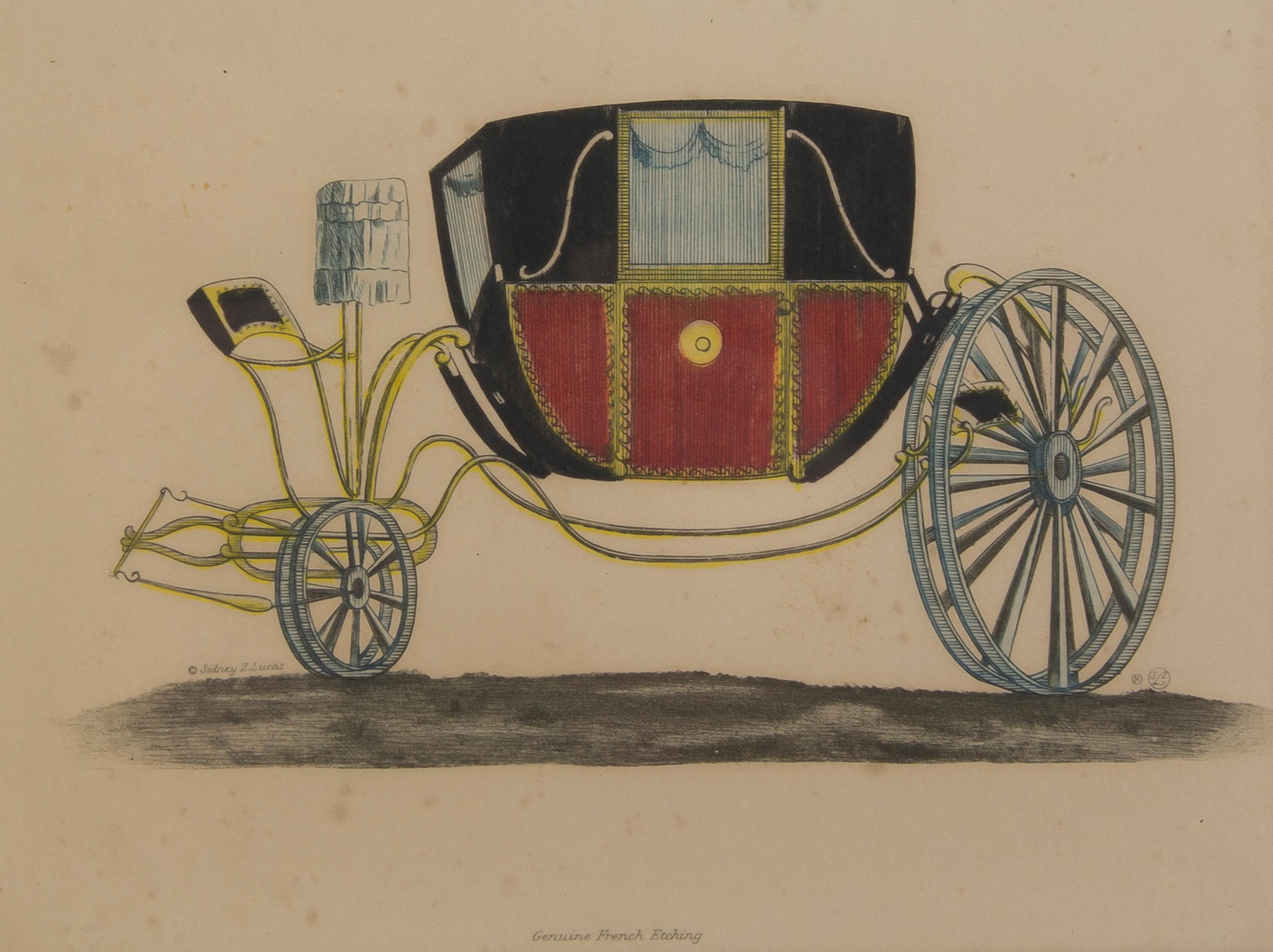 Nine French Handcolored Engravings, Sidney Z. Lucas, Height 5 3/4 x width 7 7/8 inches (visible).