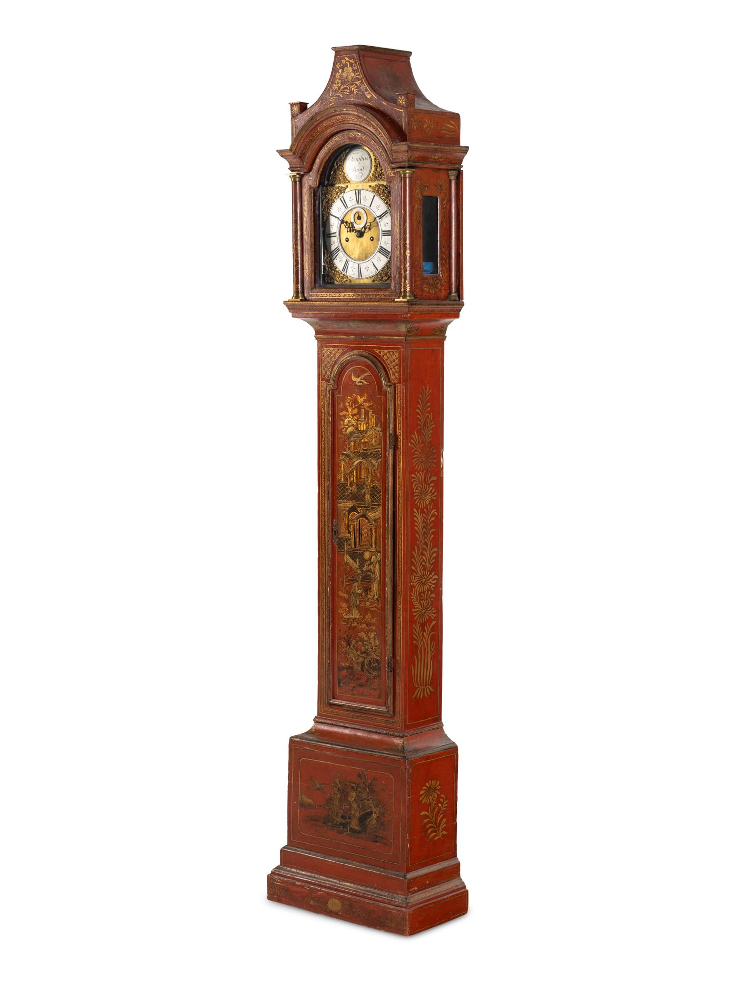 An English Red Japanned Tall Case Clock