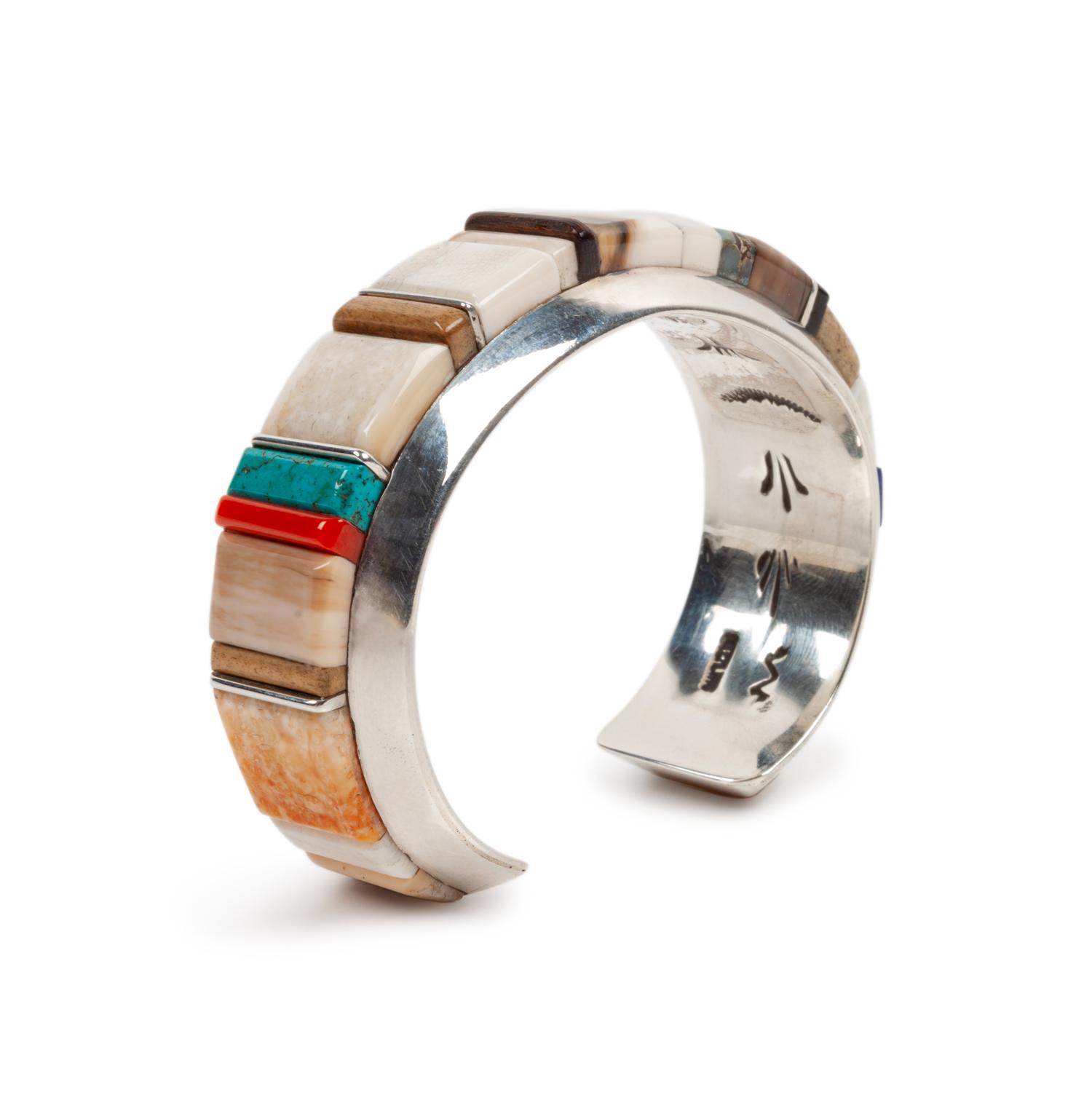 Silver Cuff Bracelet with Turquoise, Coral, and Lapis Cobblestone Inlay