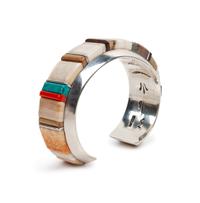 Silver Cuff Bracelet with Turquoise, Coral, and Lapis Cobblestone Inlay