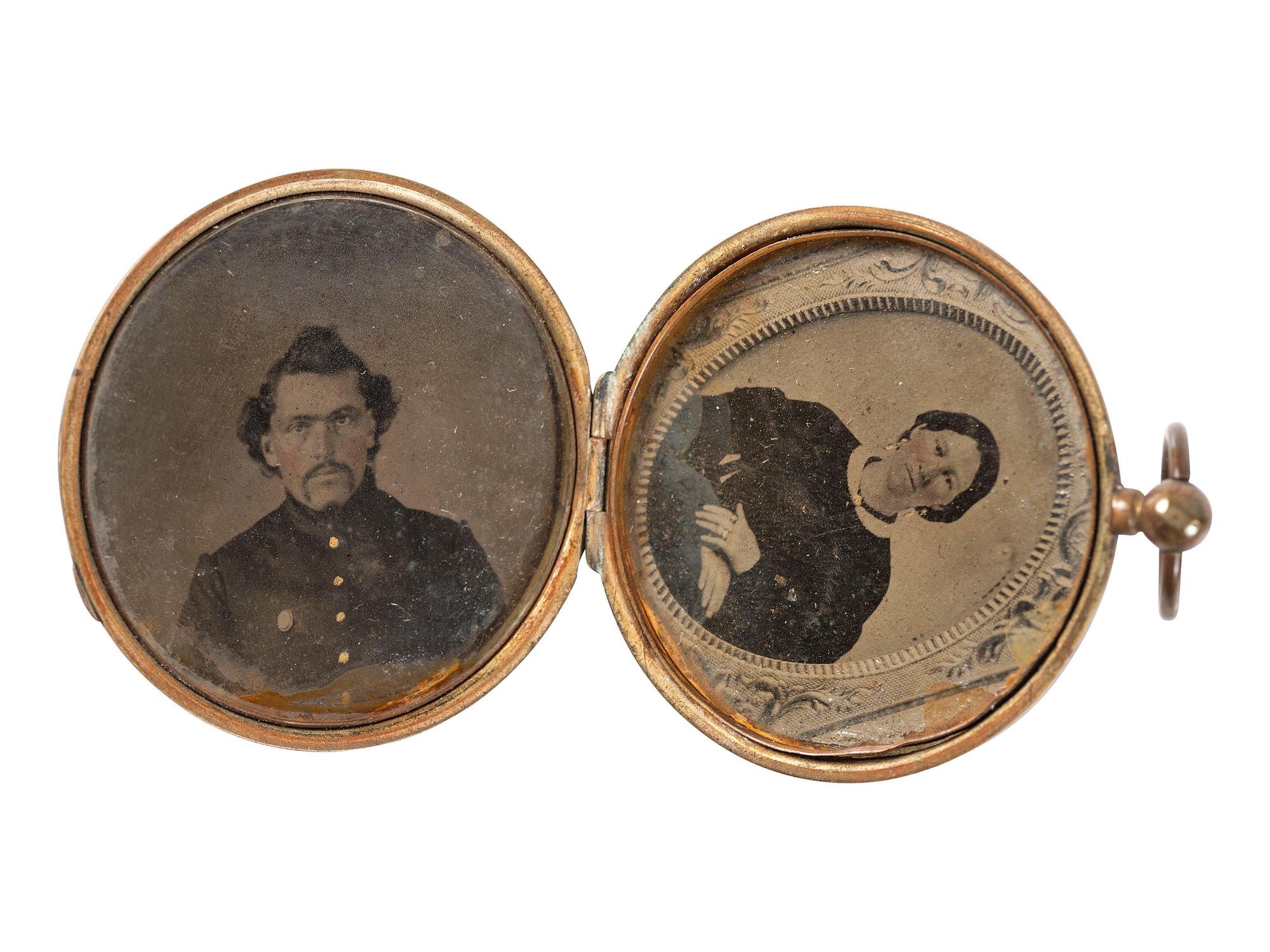 [CIVIL WAR]. A group of 3 tintypes of soldiers, incl. portrait of an armed soldier and portraits of soldier and wife housed in locket.