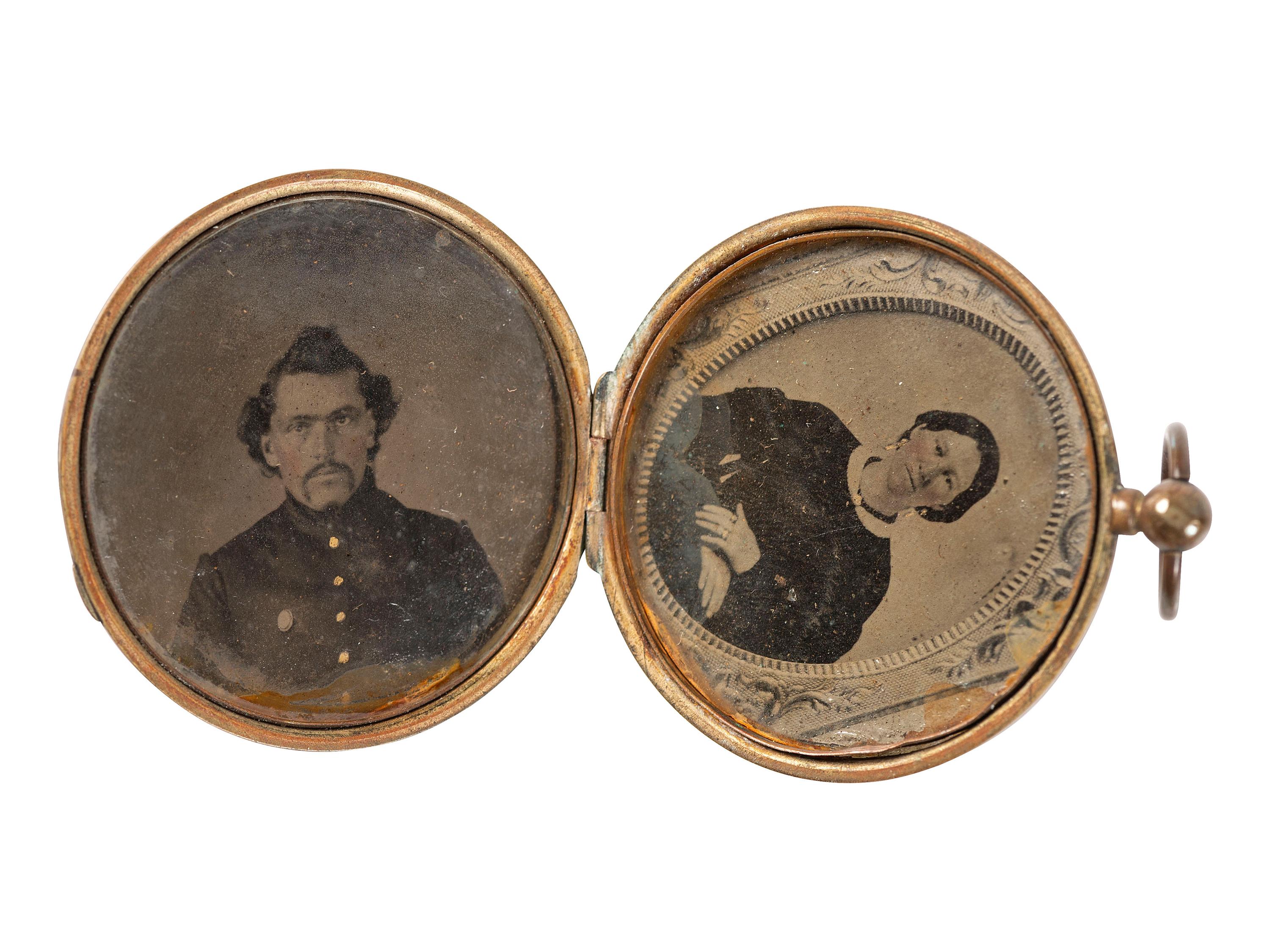 [CIVIL WAR]. A group of 3 tintypes of soldiers, incl. portrait of an armed soldier and portraits of soldier and wife housed in locket.
