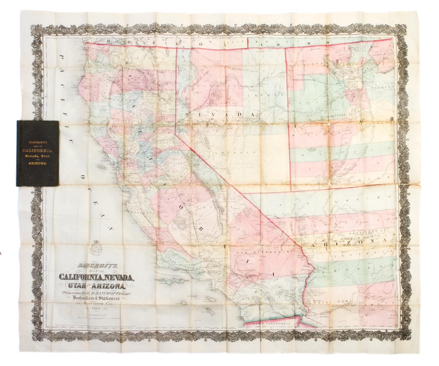 (MAP) Bancroft's Map of California, Nevada, Utah and Arizona. San Francisco, 1864. Fold-out lithographed pocket map.