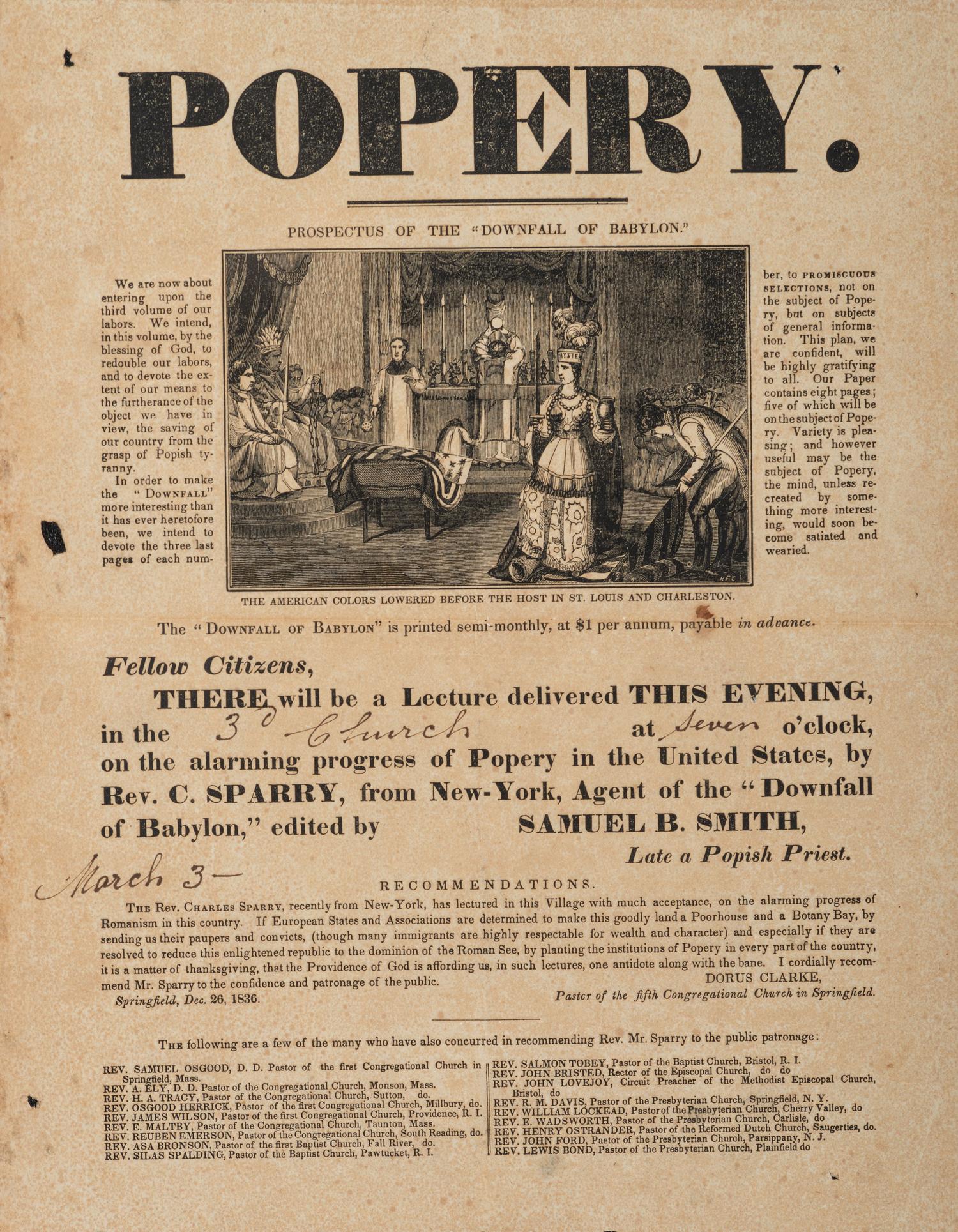 [RELIGION]. Popery. Prospectus of the "Downfall of Babylon." [New York?]: N.p., 1836.