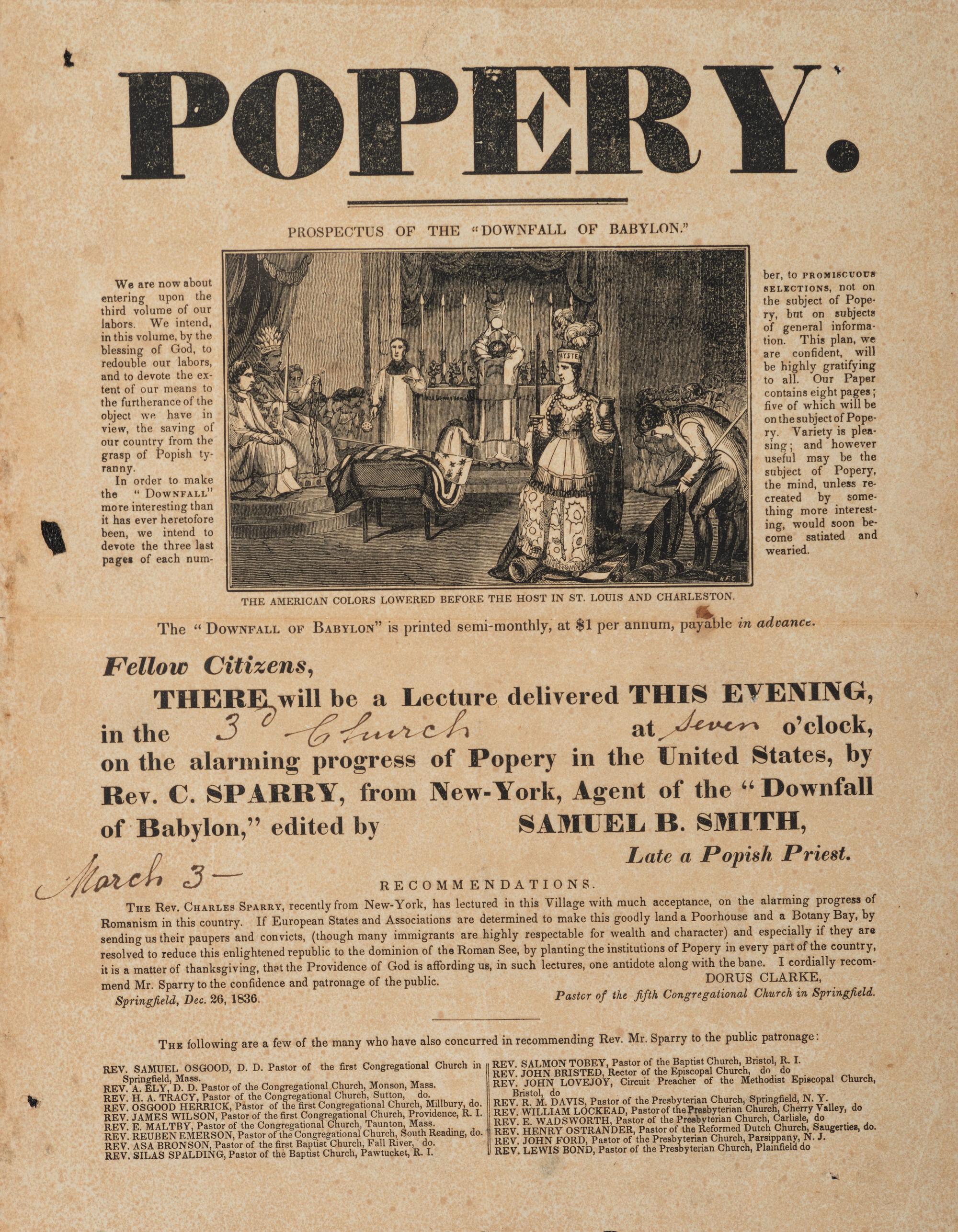 [RELIGION]. Popery. Prospectus of the "Downfall of Babylon." [New York?]: N.p., 1836.