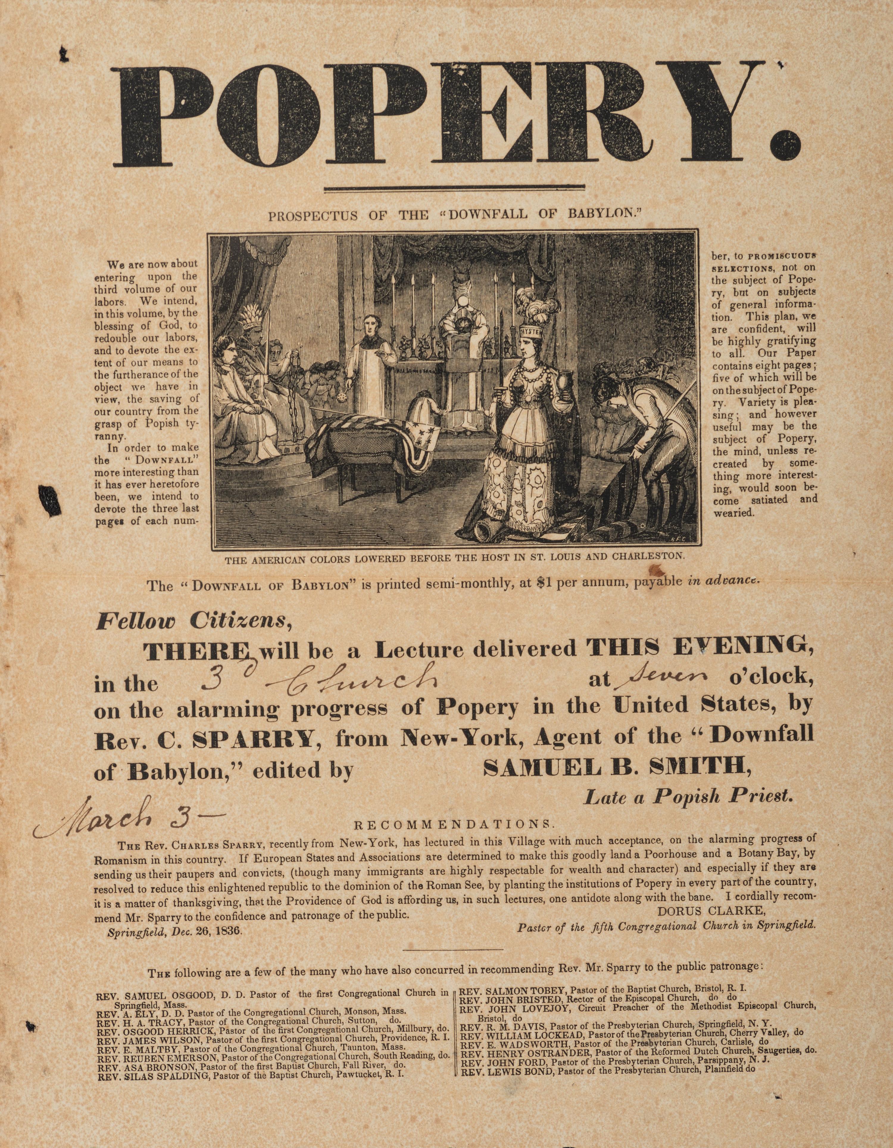 [RELIGION]. Popery. Prospectus of the "Downfall of Babylon." [New York?]: N.p., 1836.