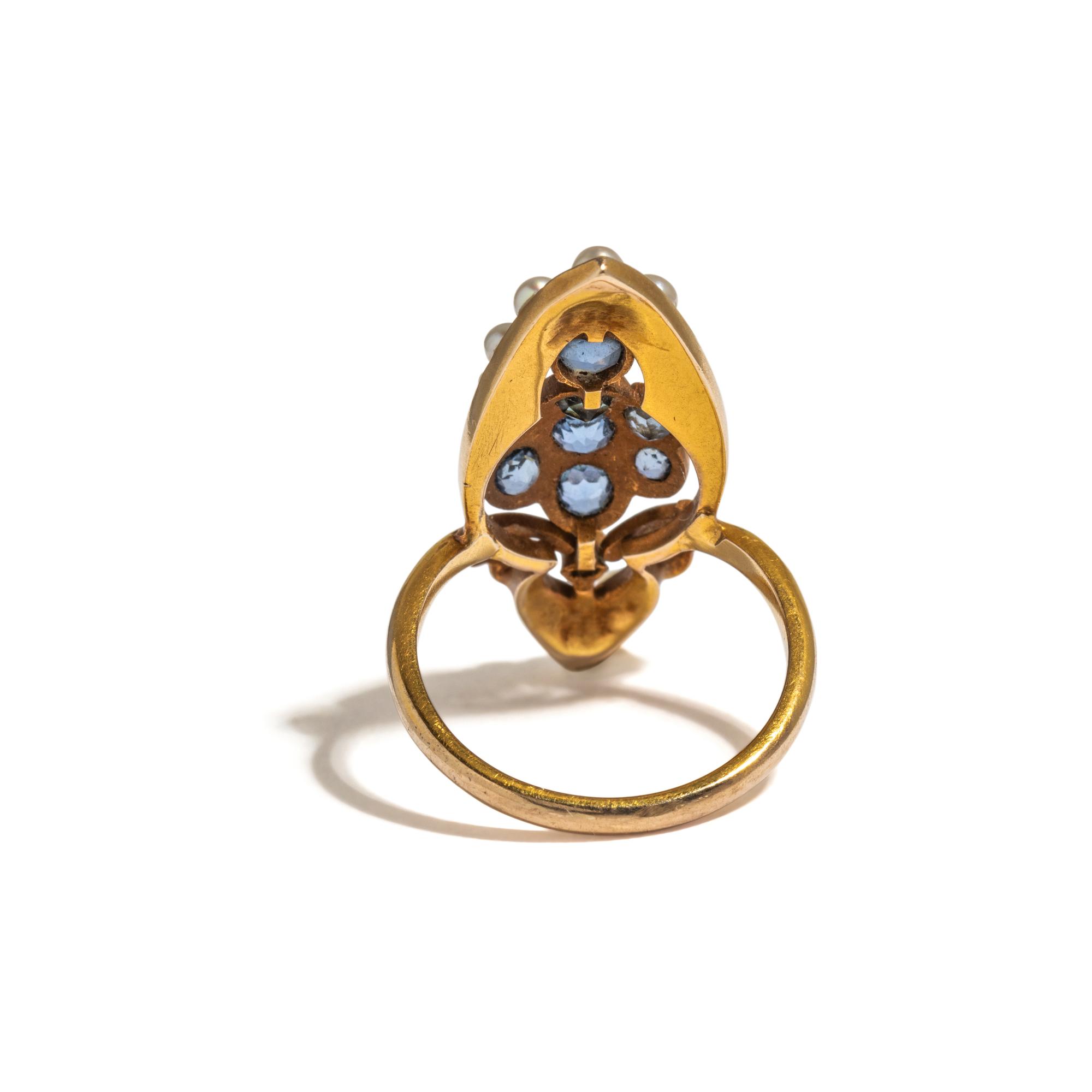 SAPPHIRE, DIAMOND AND SEED PEARL RING