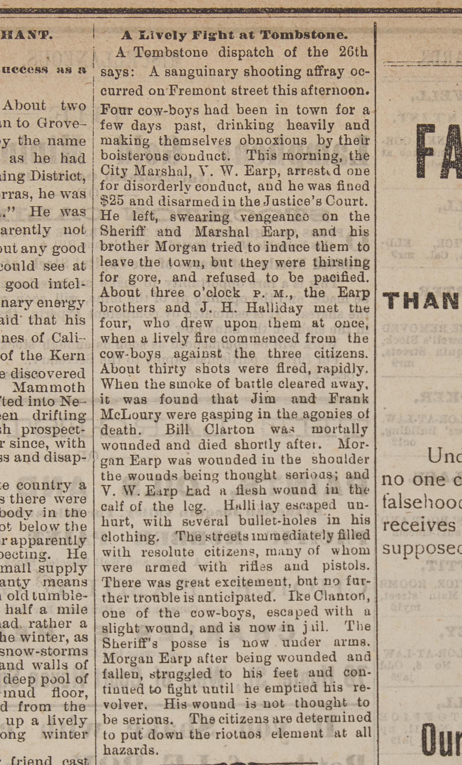 [Old West] [O.K. Corral] "A Lively Fight at Tombstone": California Newspaper Reports the Legendary Gun Fight at the O.K. Corral, 1881