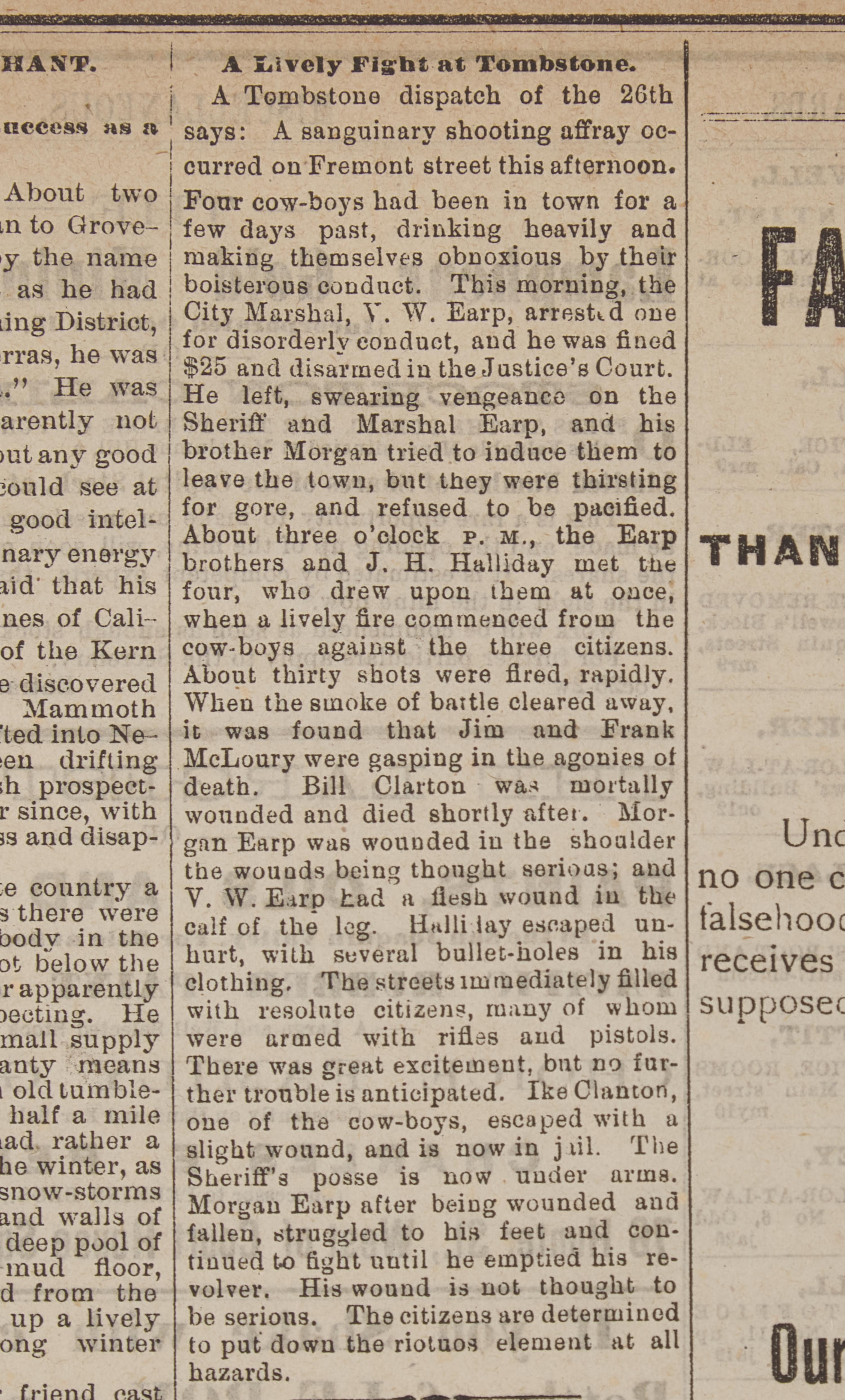 [Old West] [O.K. Corral] "A Lively Fight at Tombstone": California Newspaper Reports the Legendary Gun Fight at the O.K. Corral, 1881