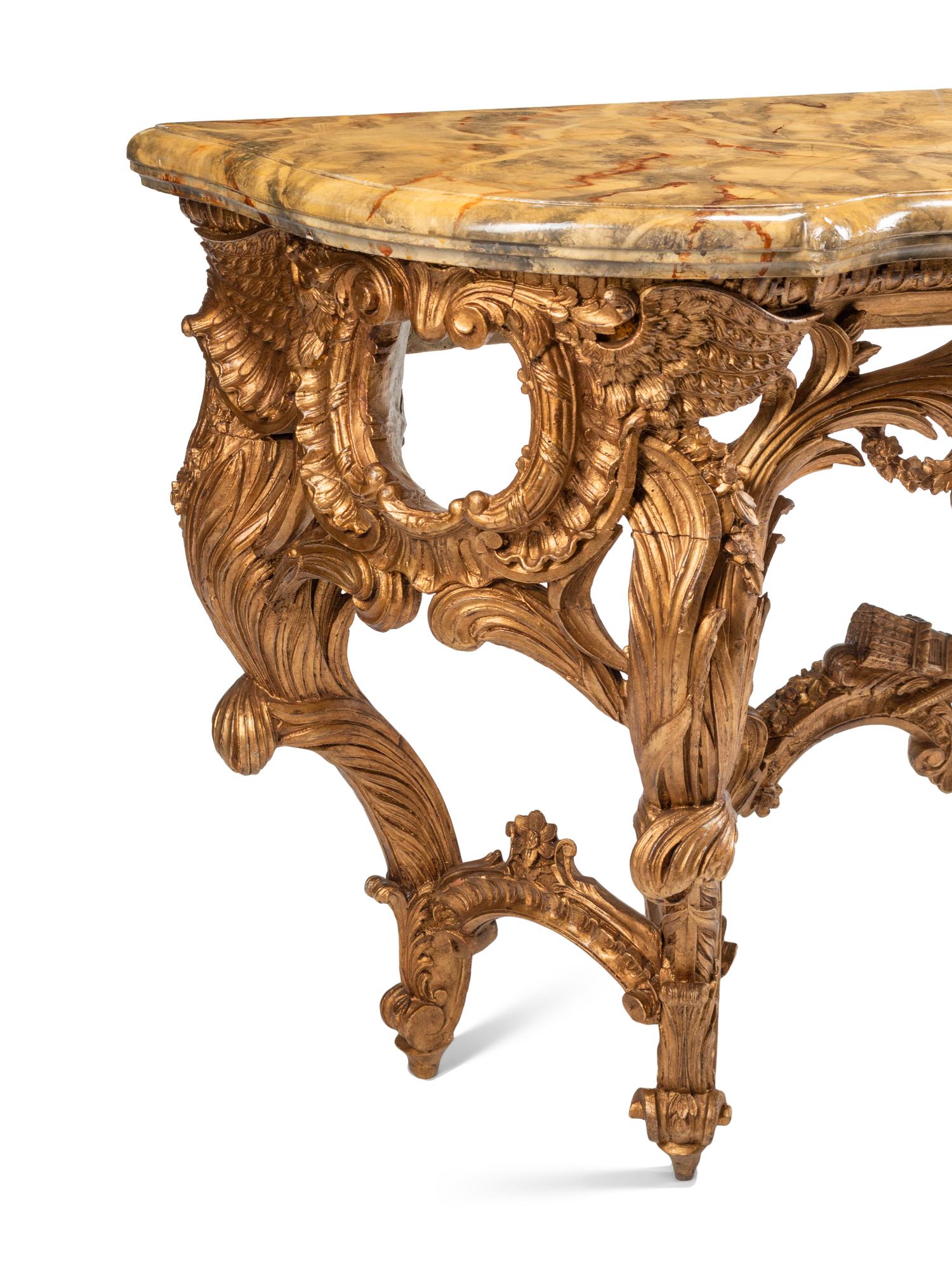 A Pair of Italian Pietra Dura-Inset Giltwood and Faux Marble-Top Console Tables