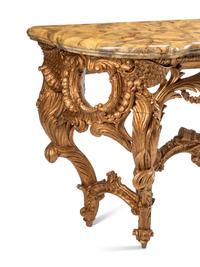 A Pair of Italian Pietra Dura-Inset Giltwood and Faux Marble-Top Console Tables
