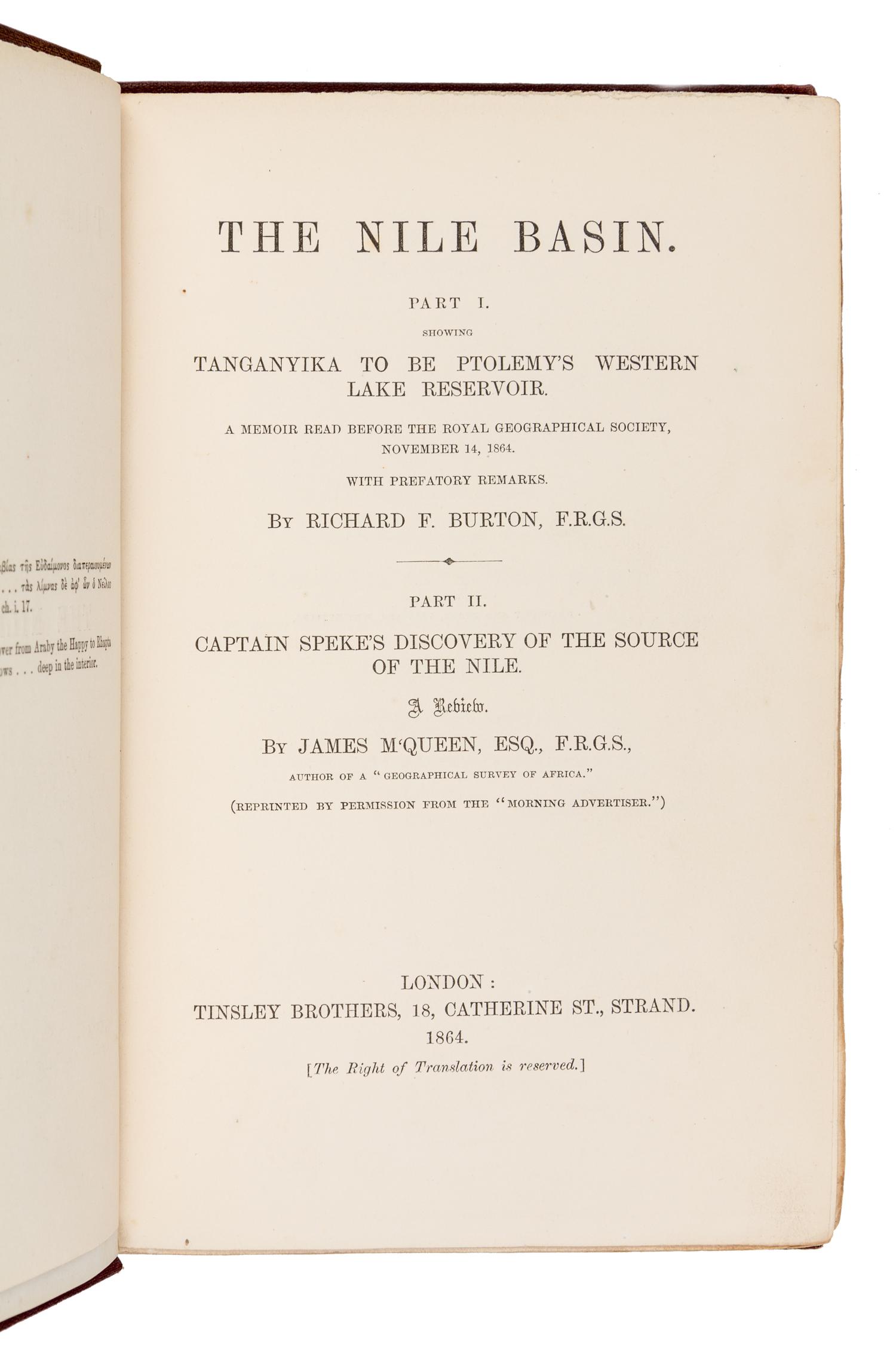 BURTON, Richard Francis, Sir (1821-1890) and James MacQUEEN (1778-1870). The Nile Basin. London, 1864. FIRST EDITION.