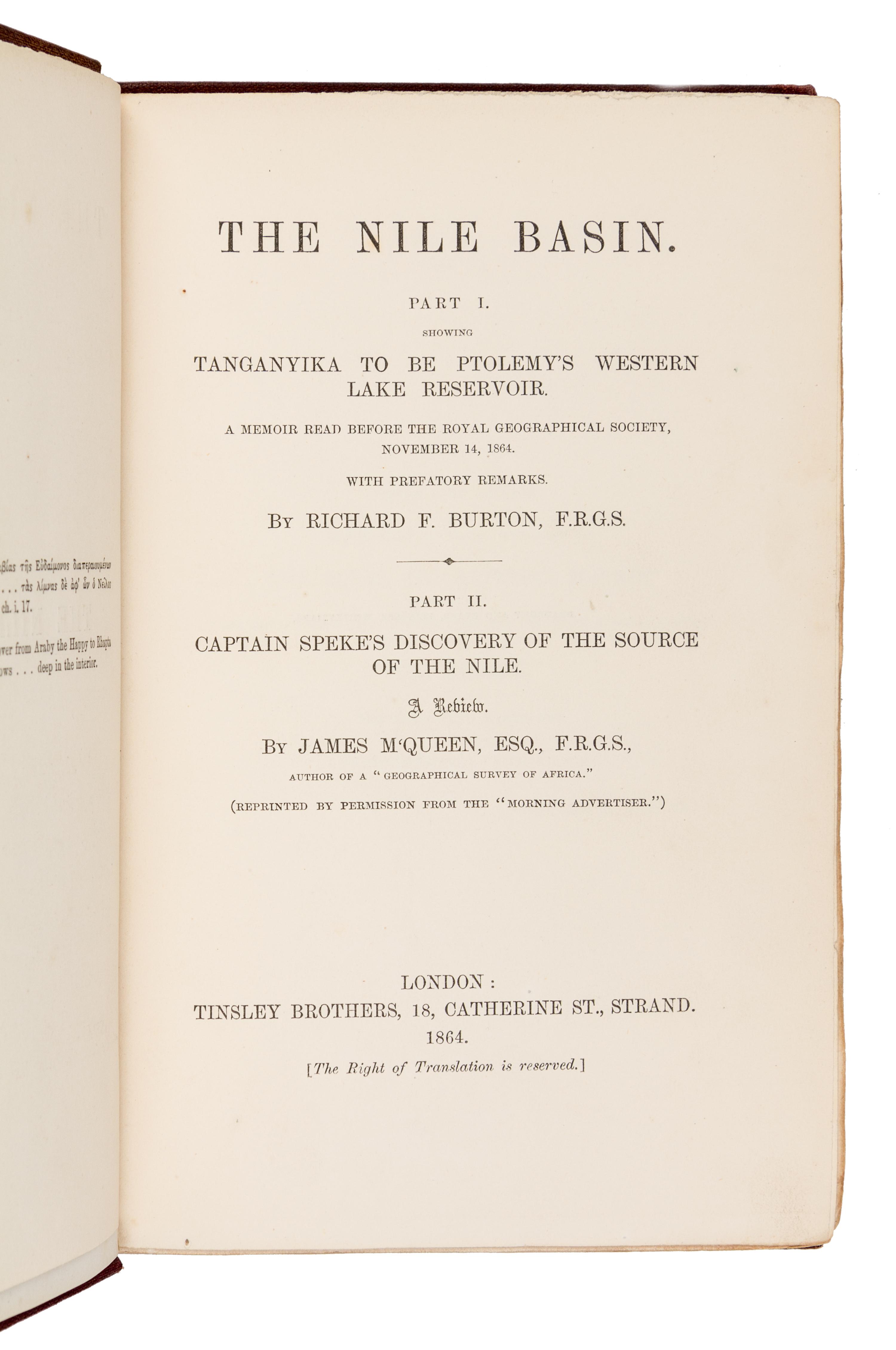BURTON, Richard Francis, Sir (1821-1890) and James MacQUEEN (1778-1870). The Nile Basin. London, 1864. FIRST EDITION.