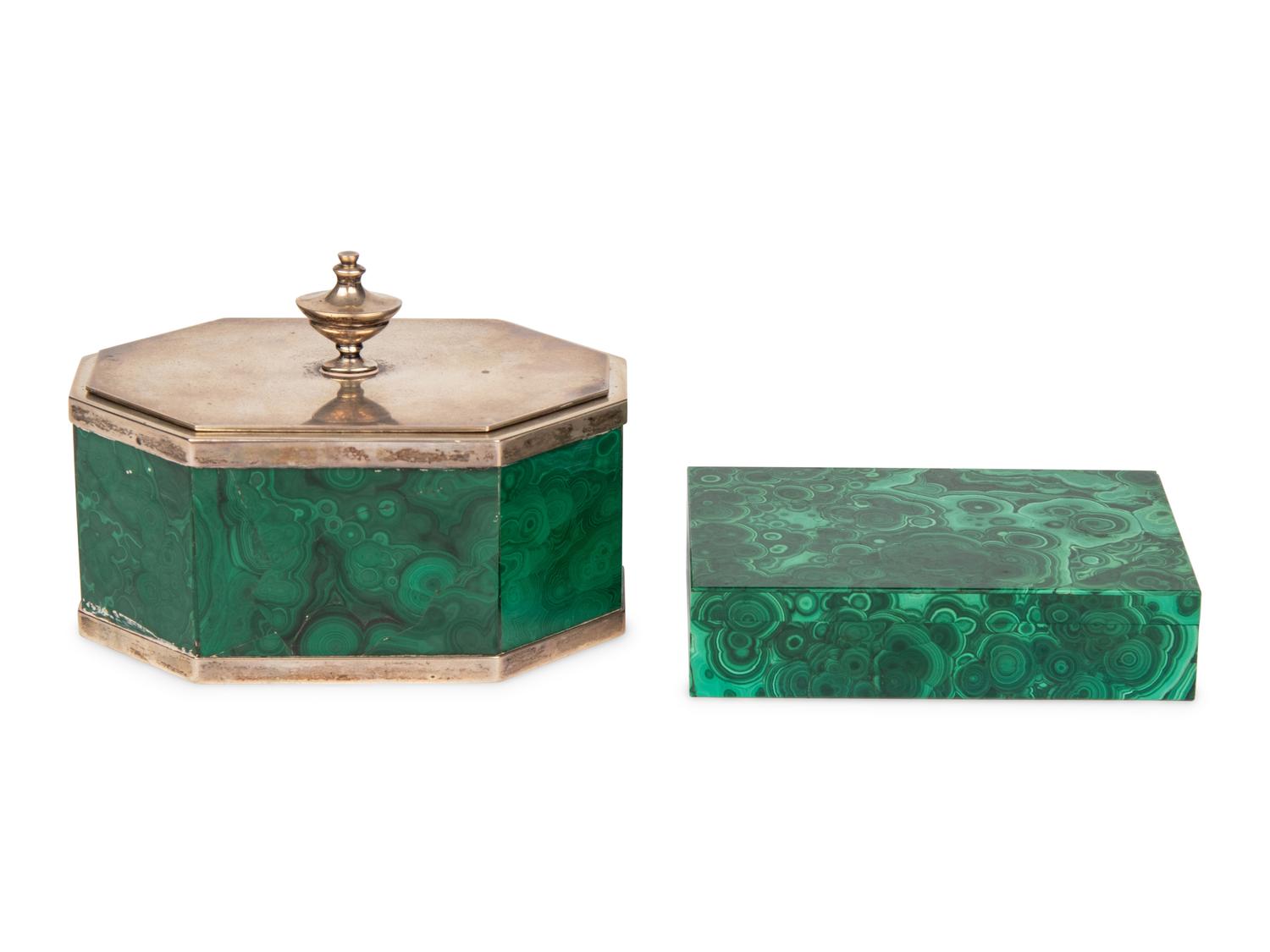 Two Malachite Veneered Table Caskets