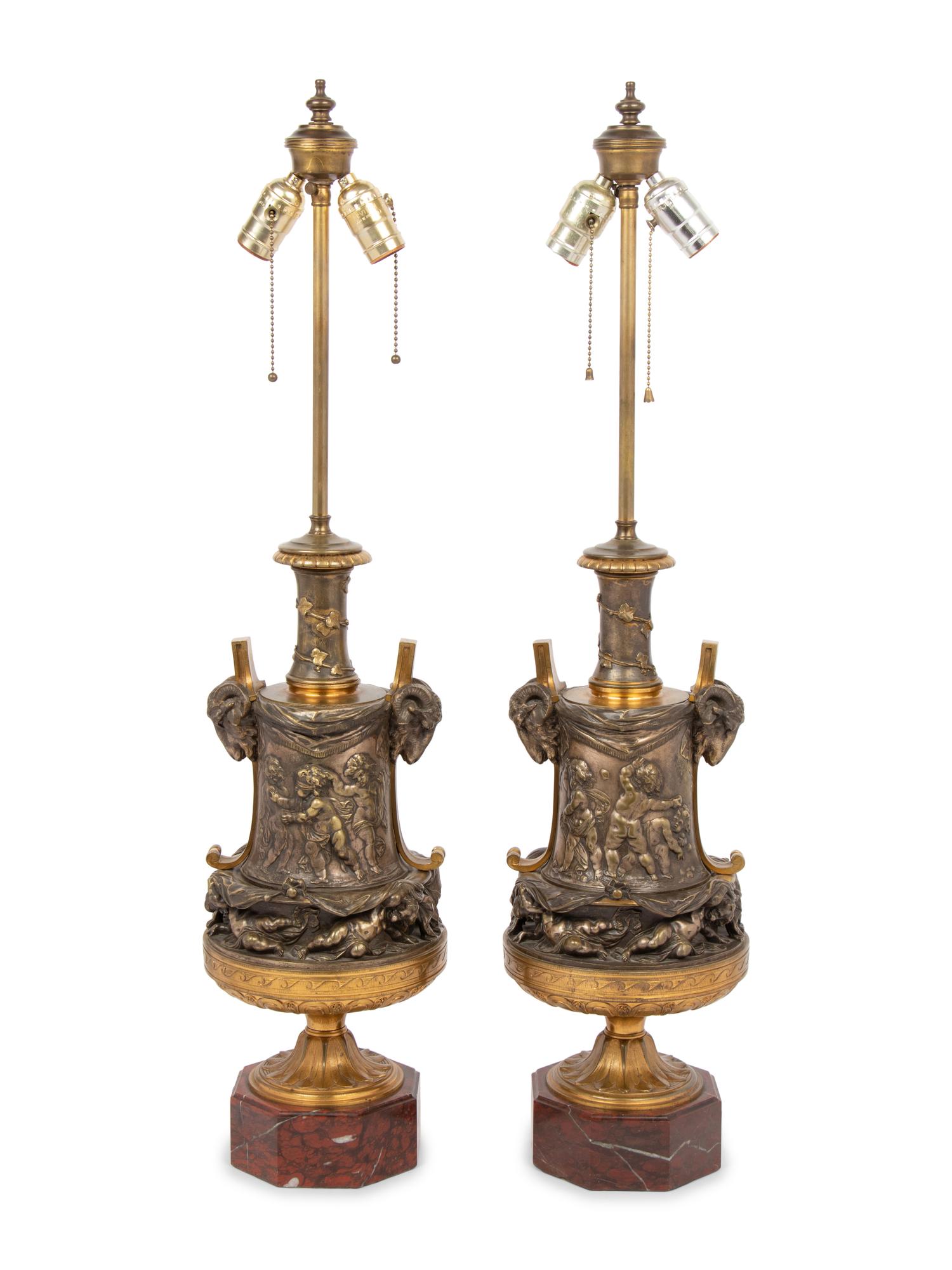 A Pair of French Gilt and Silvered Bronze and Marble Urns Mounted as Lamps with Shades